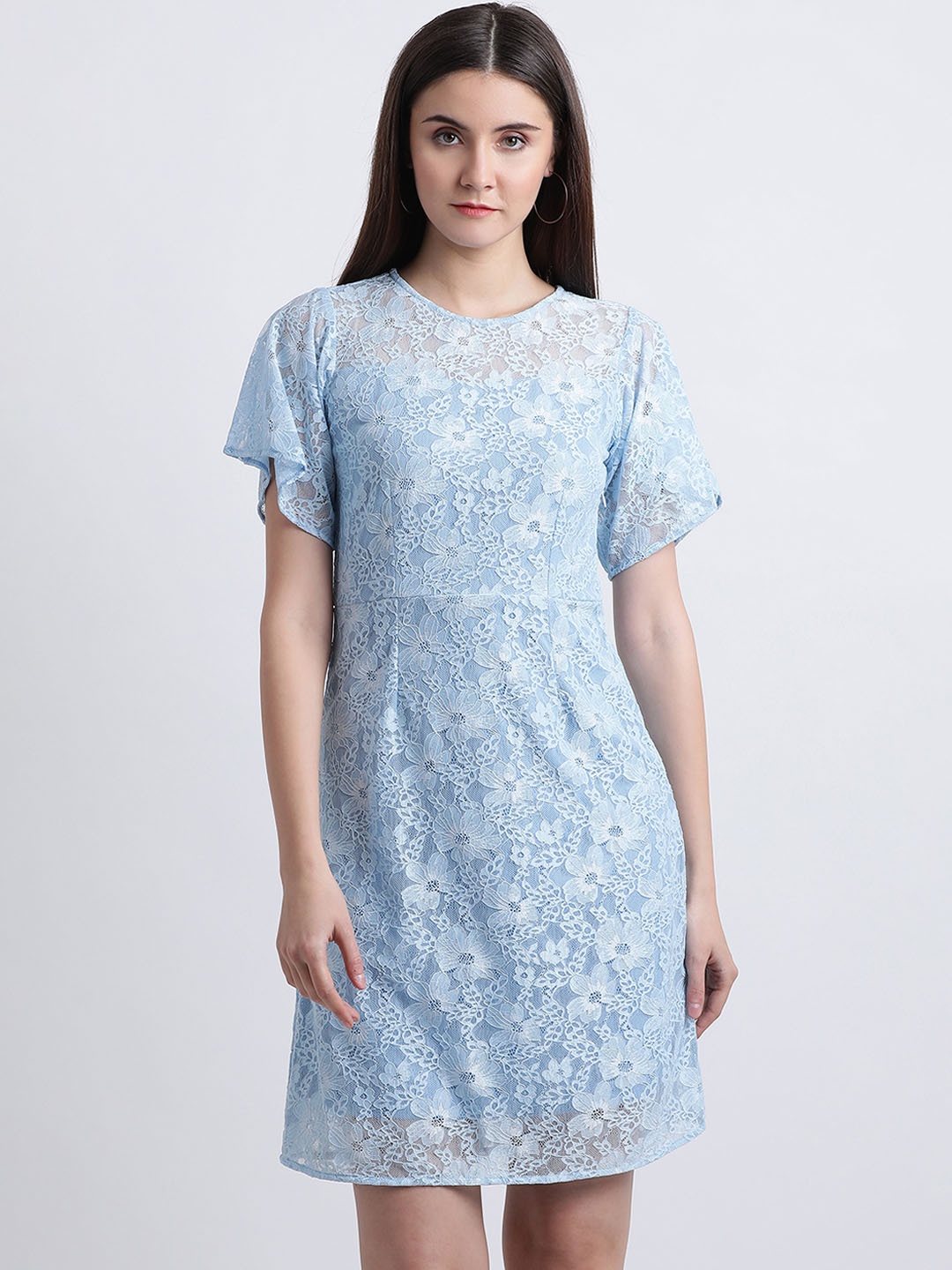 

Zink London Women Blue Self Design Fit and Flare Dress