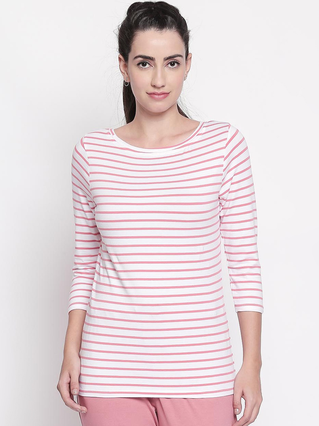 

Dreamz by Pantaloons Women White & Pink Striped Lounge T-Shirt