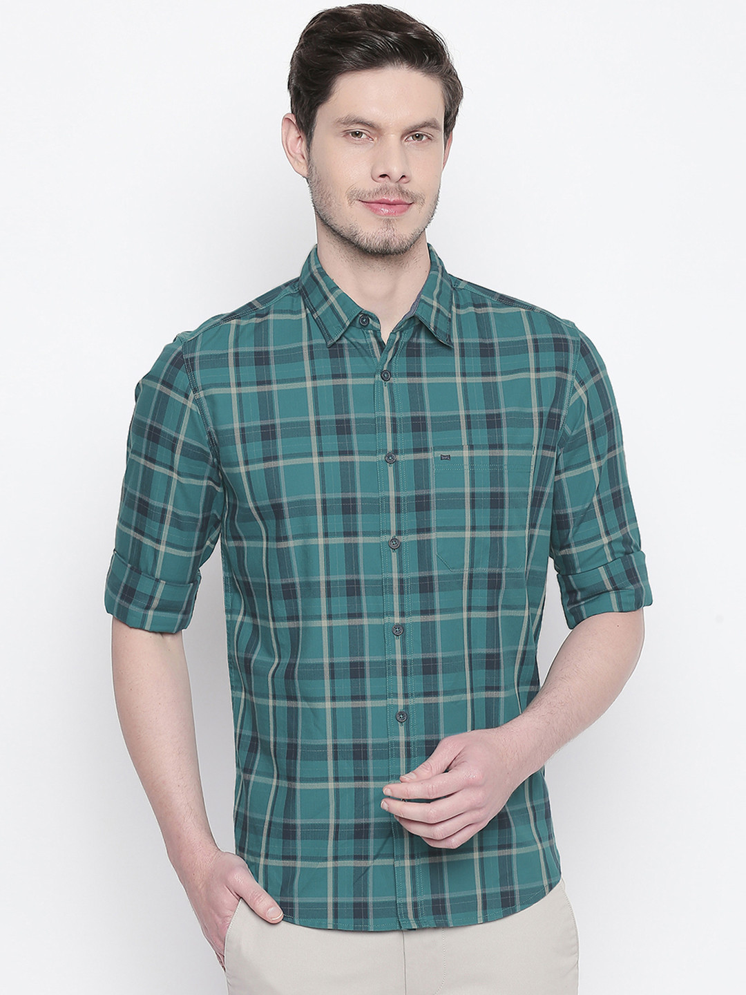 

Basics Men Teal Green & Black Slim Fit Checked Casual Shirt
