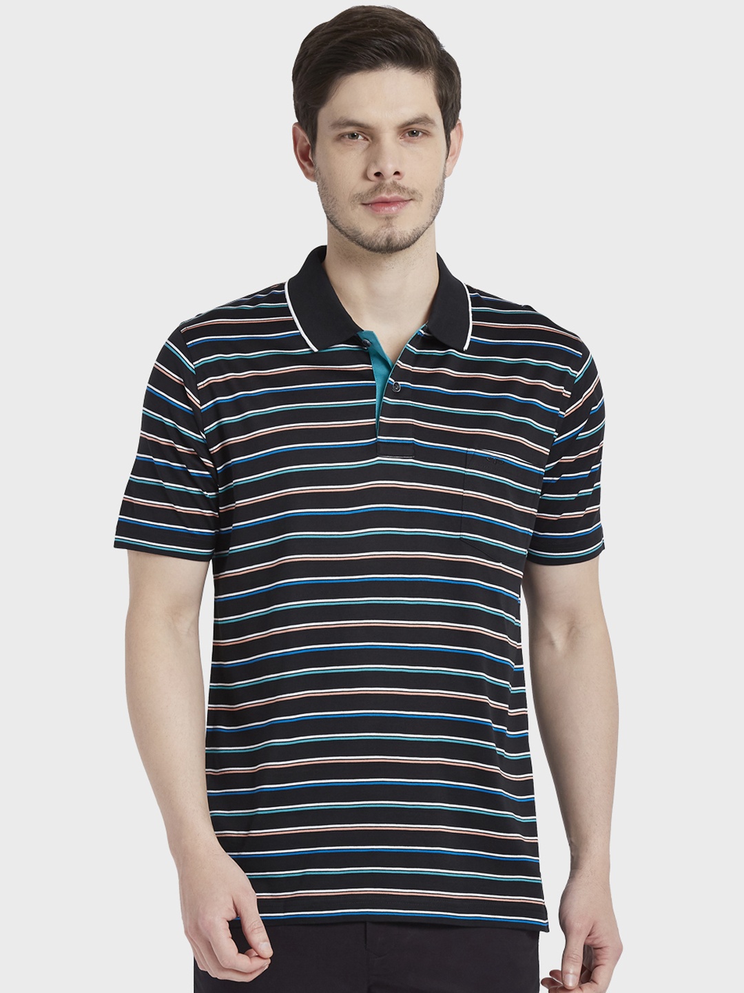 

ColorPlus Men Black Striped Polo Collar T-shirt