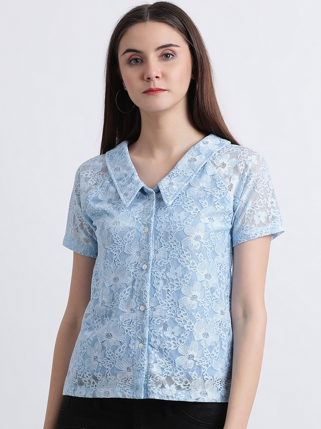 

Zink London Women Blue Self Design Shirt Style Top