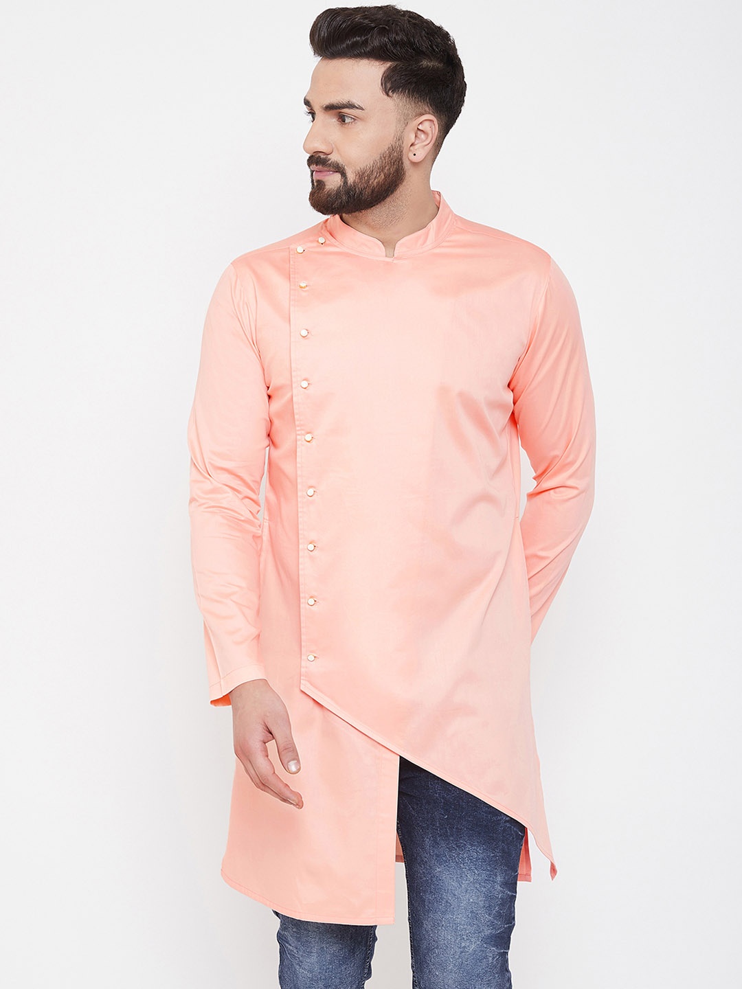 

Hypernation Men Peach-Coloured Solid Straight Kurta