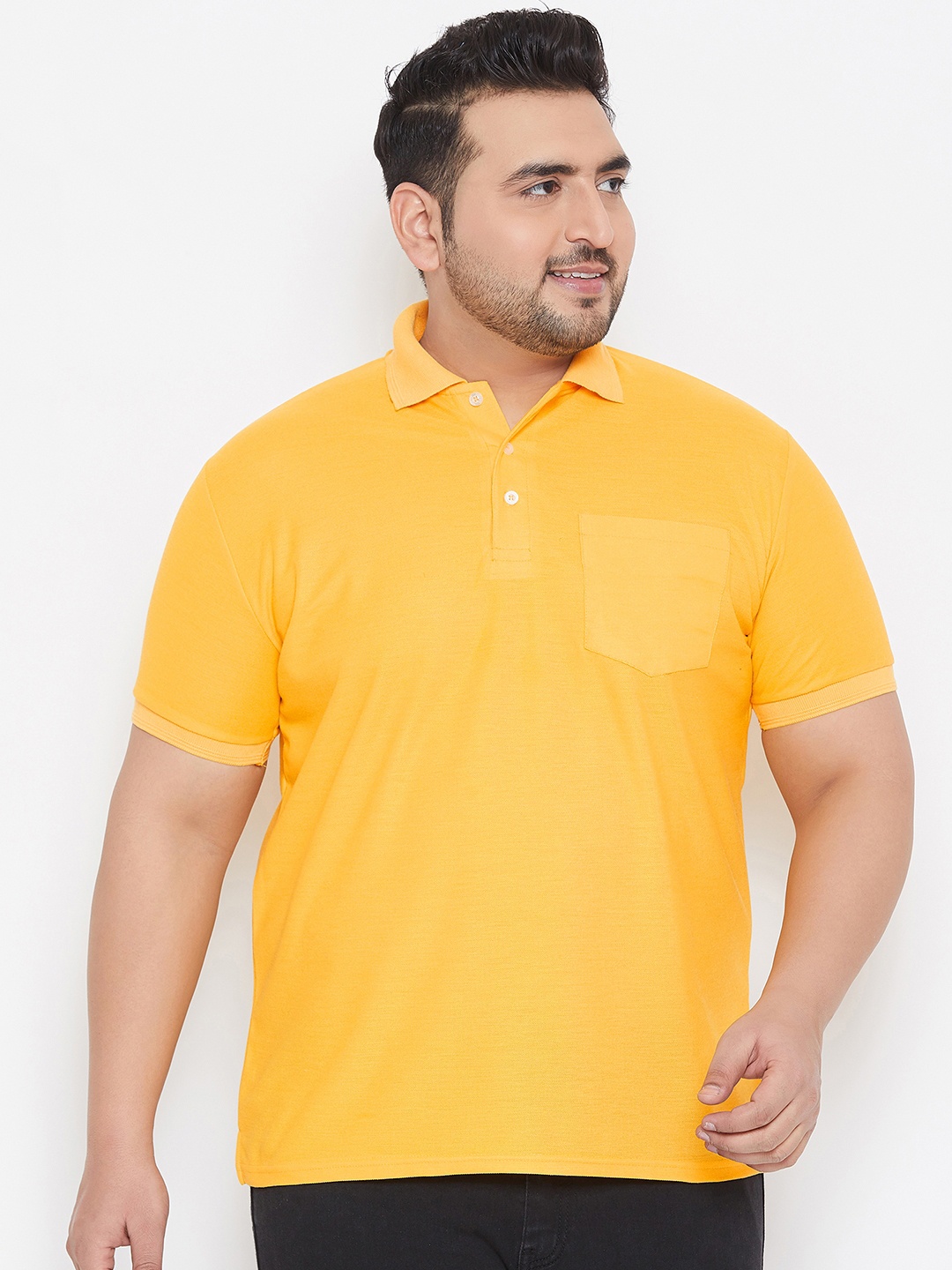 

bigbanana Plus Size Men Yellow Solid Polo Collar Bio Finish T-shirt