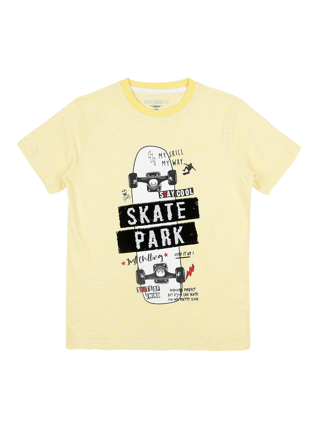 

Pantaloons Junior Boys Yellow White Printed Round Neck Pure Cotton T-shirt