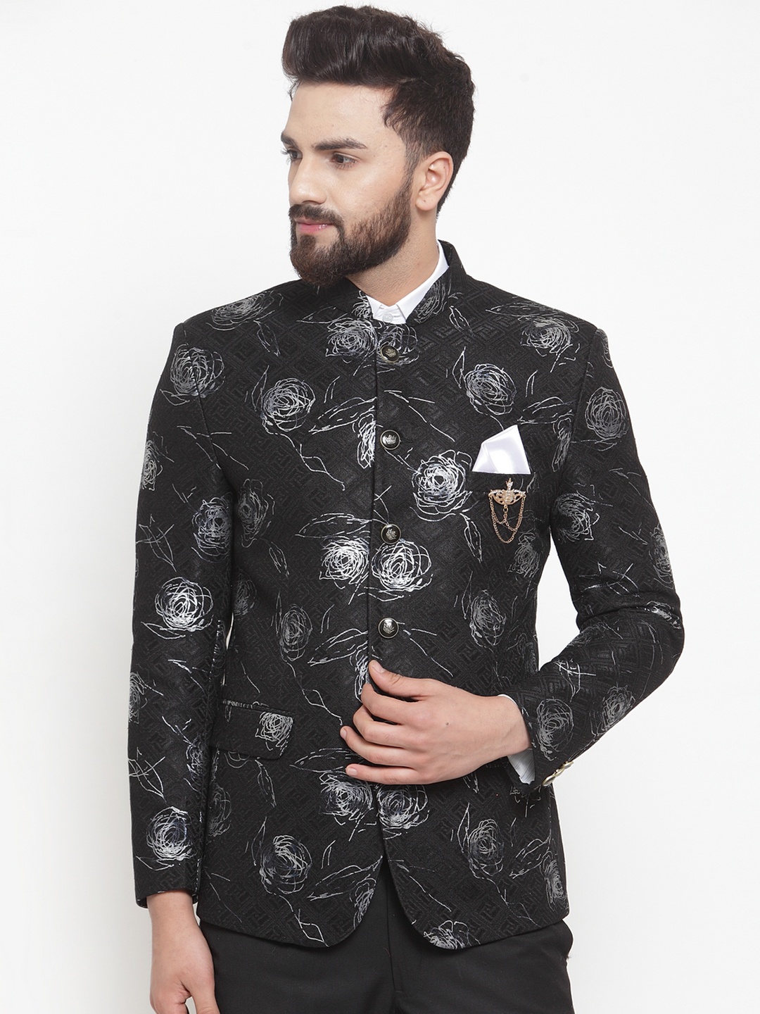 

LUXURAZI Men Black & Grey Floral Printed Slim-Fit Bandhgala Party Blazer