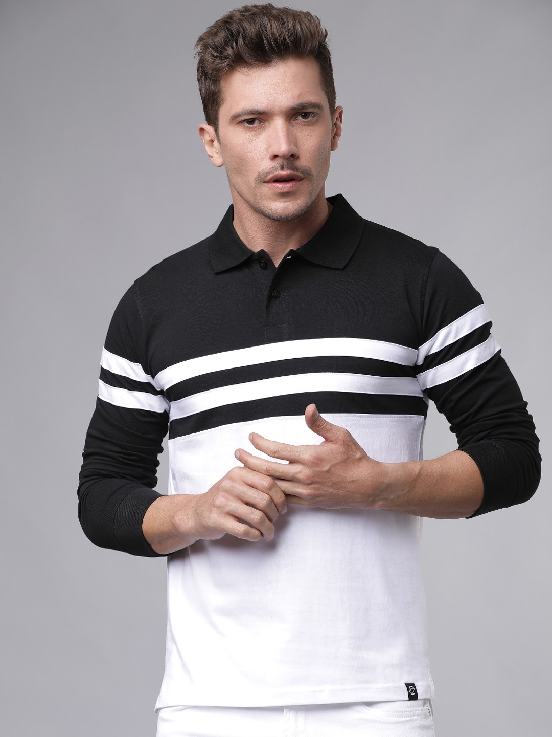 

LOCOMOTIVE Men Black & White Slim Fit Colourblocked Polo Collar T-shirt