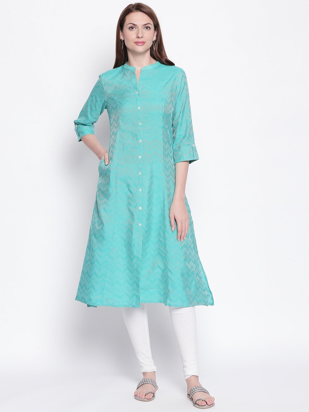 

RANGMANCH BY PANTALOONS Women Turquoise Blue Printed A-Line Kurta