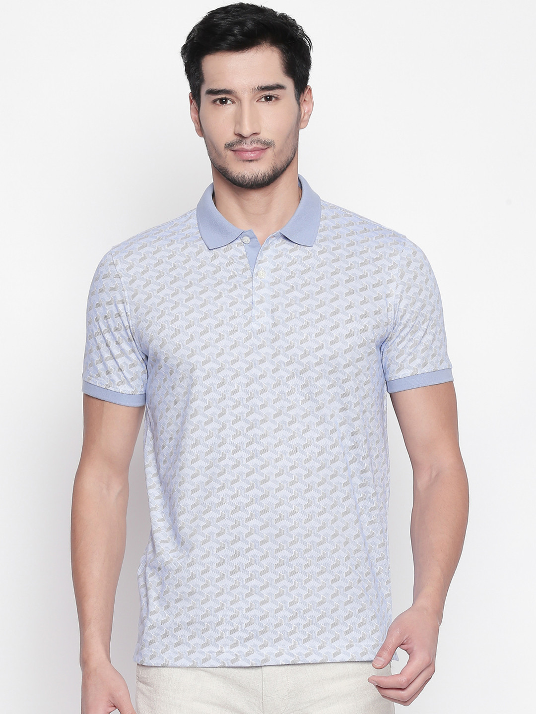 

BYFORD by Pantaloons Men Blue Printed Polo Collar Pure Cotton T-shirt