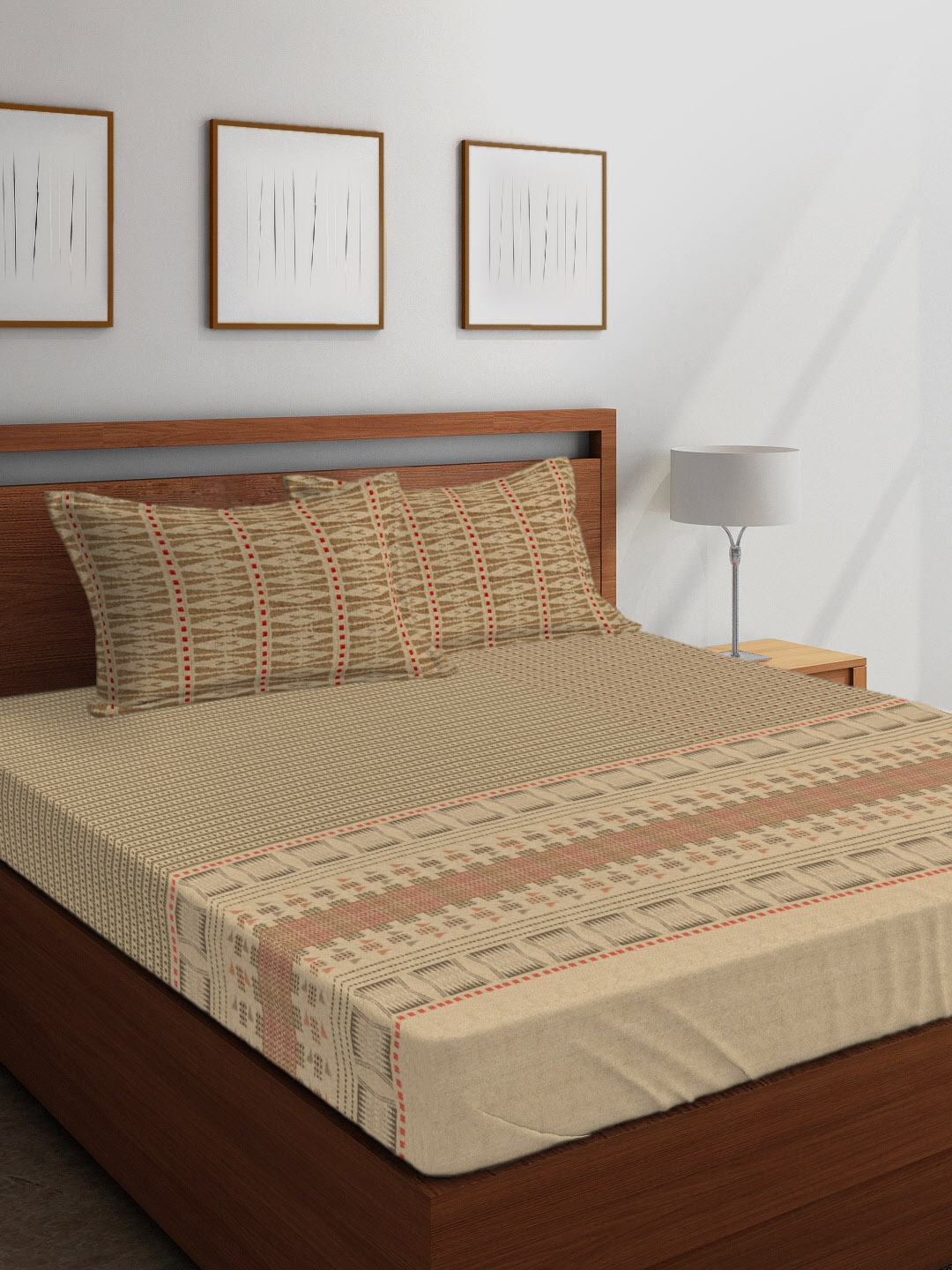 

Boutique Living India Beige & Red Geometric 300 TC Cotton 1 King Bedsheet with 2 Pillow Covers