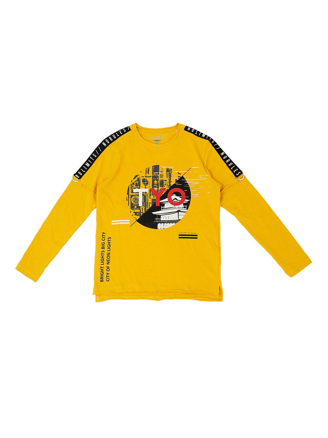 

Pantaloons Junior Boys Yellow Black Printed Round Neck Pure Cotton T-shirt
