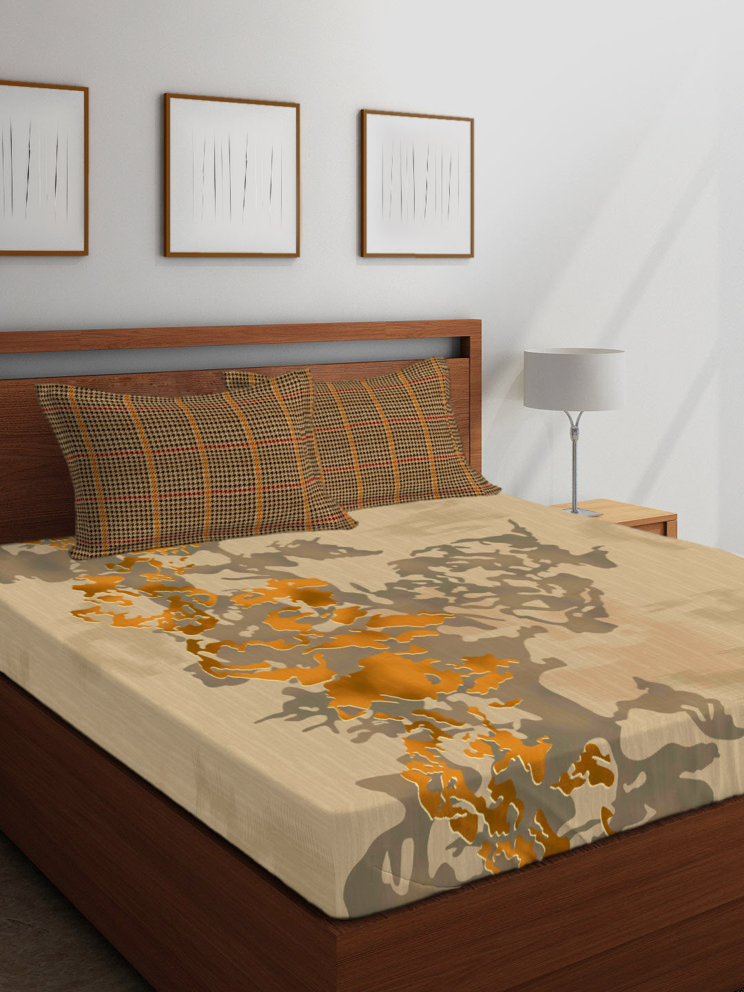 

Boutique Living India Beige & Mustard Abstract 300 TC Cotton 1 King Bedsheet with 2 Pillow Covers