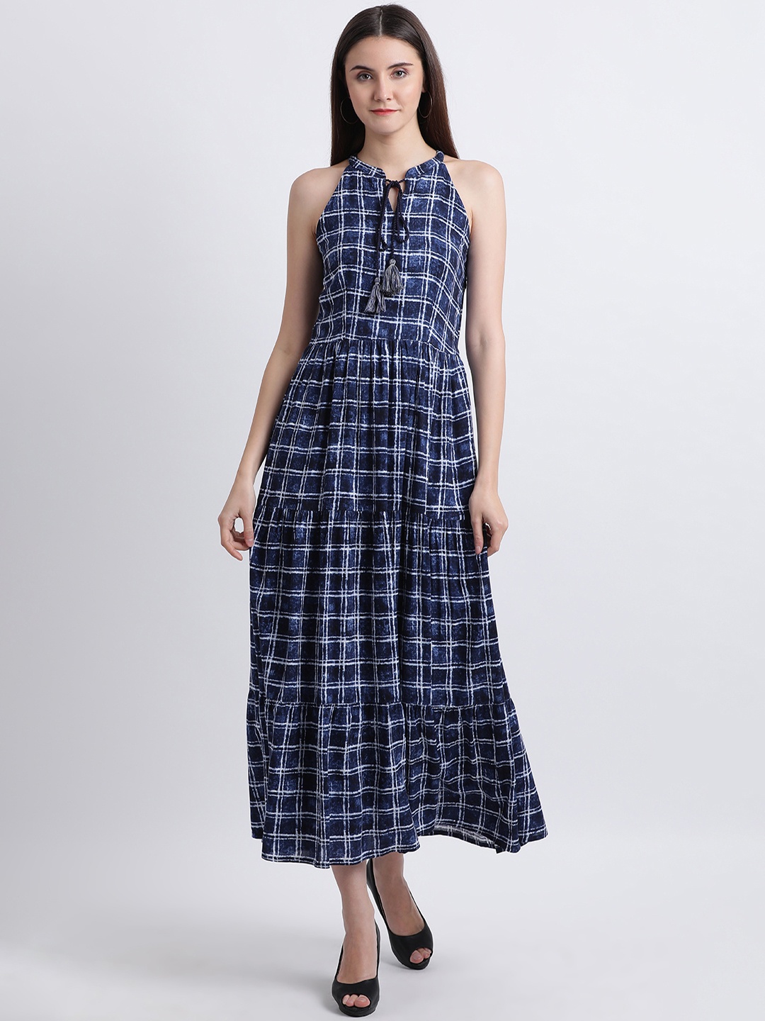 

Zink London Women Blue Checked A-Line Dress