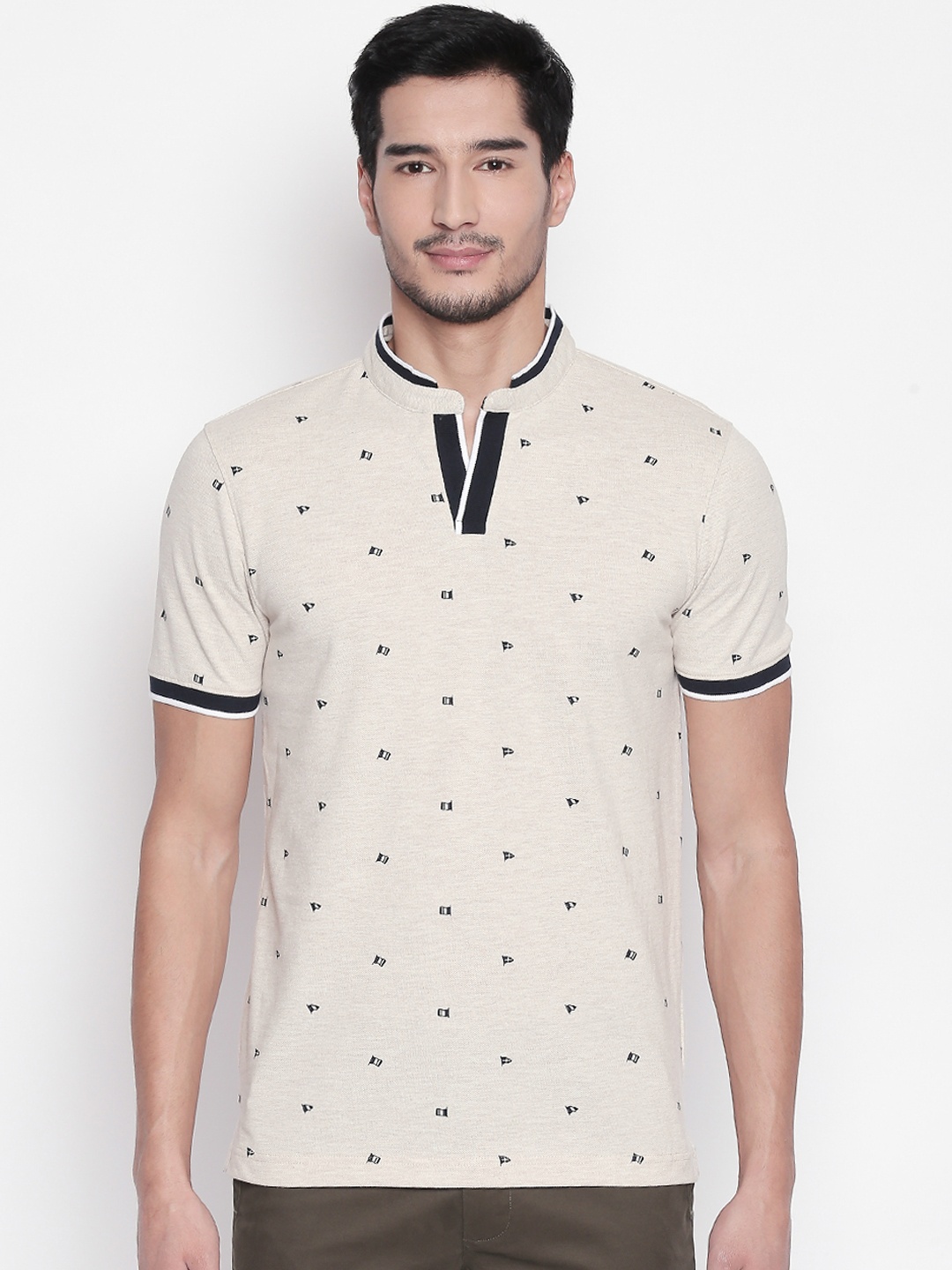 

BYFORD by Pantaloons Men Off-White Printed Mandarin Collar T-shirt