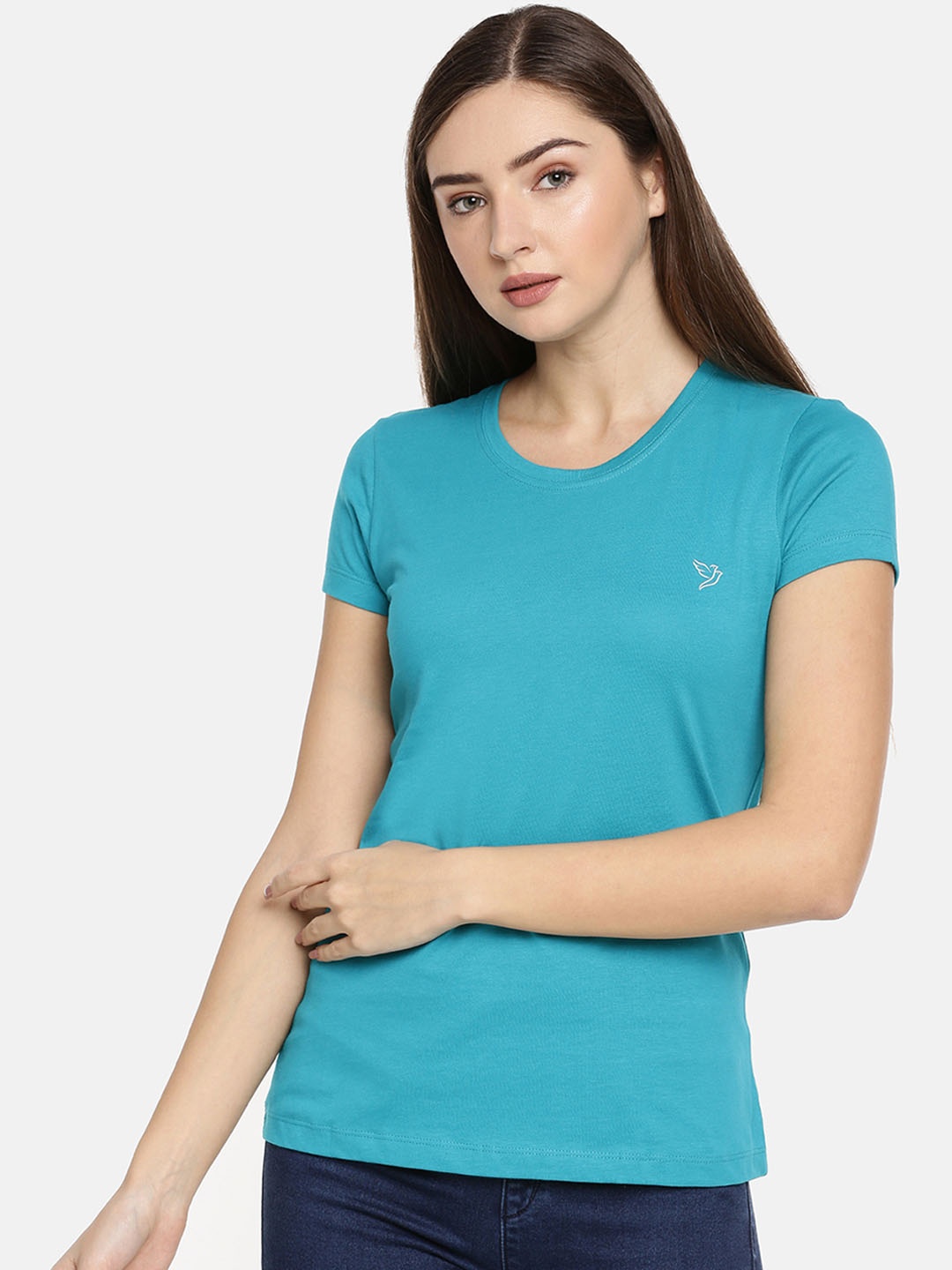 

TWIN BIRDS Women Blue Solid Round Neck Pure Cotton T-shirt