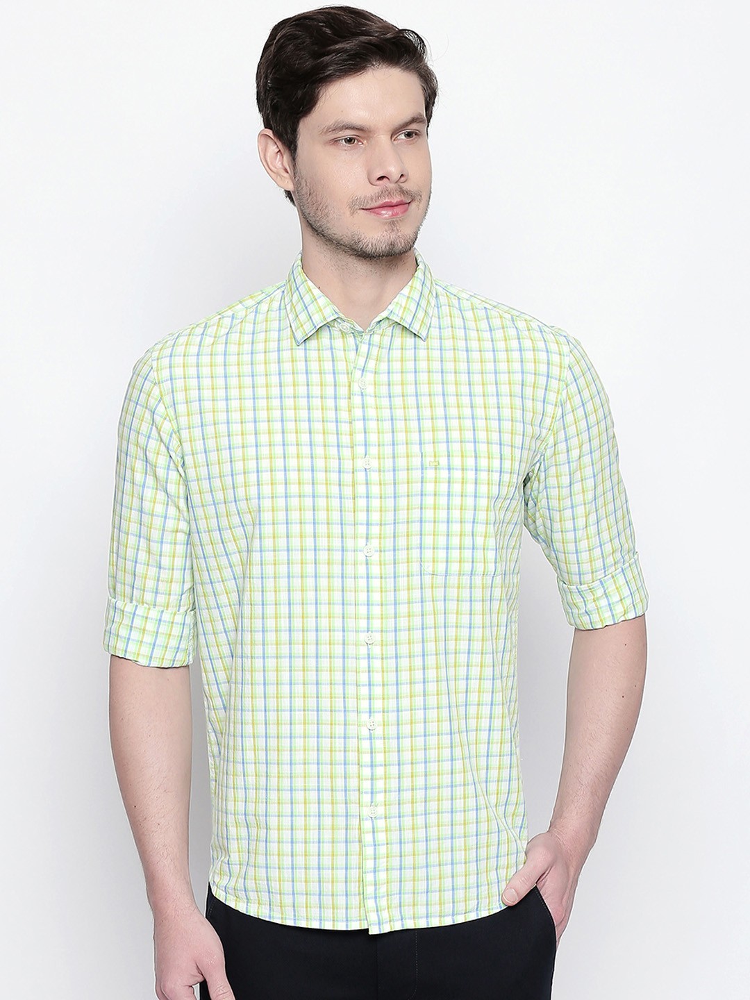 

Basics Men Green & Blue Slim Fit Checked Casual Shirt