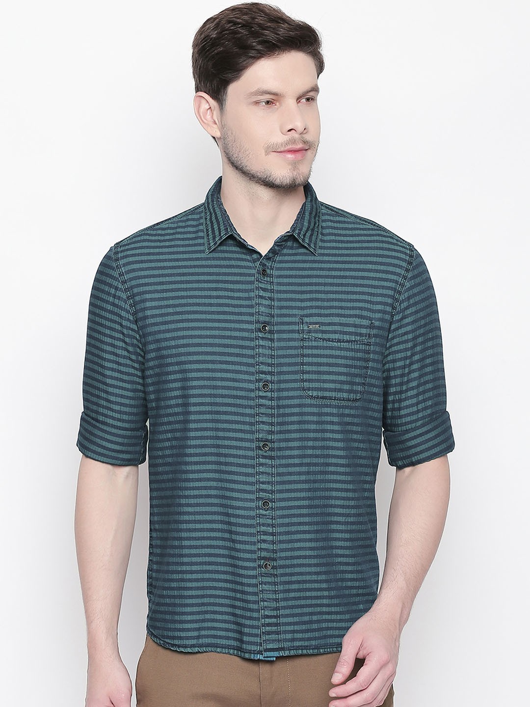 

Basics Men Teal Slim Fit Striped Casual Shirt