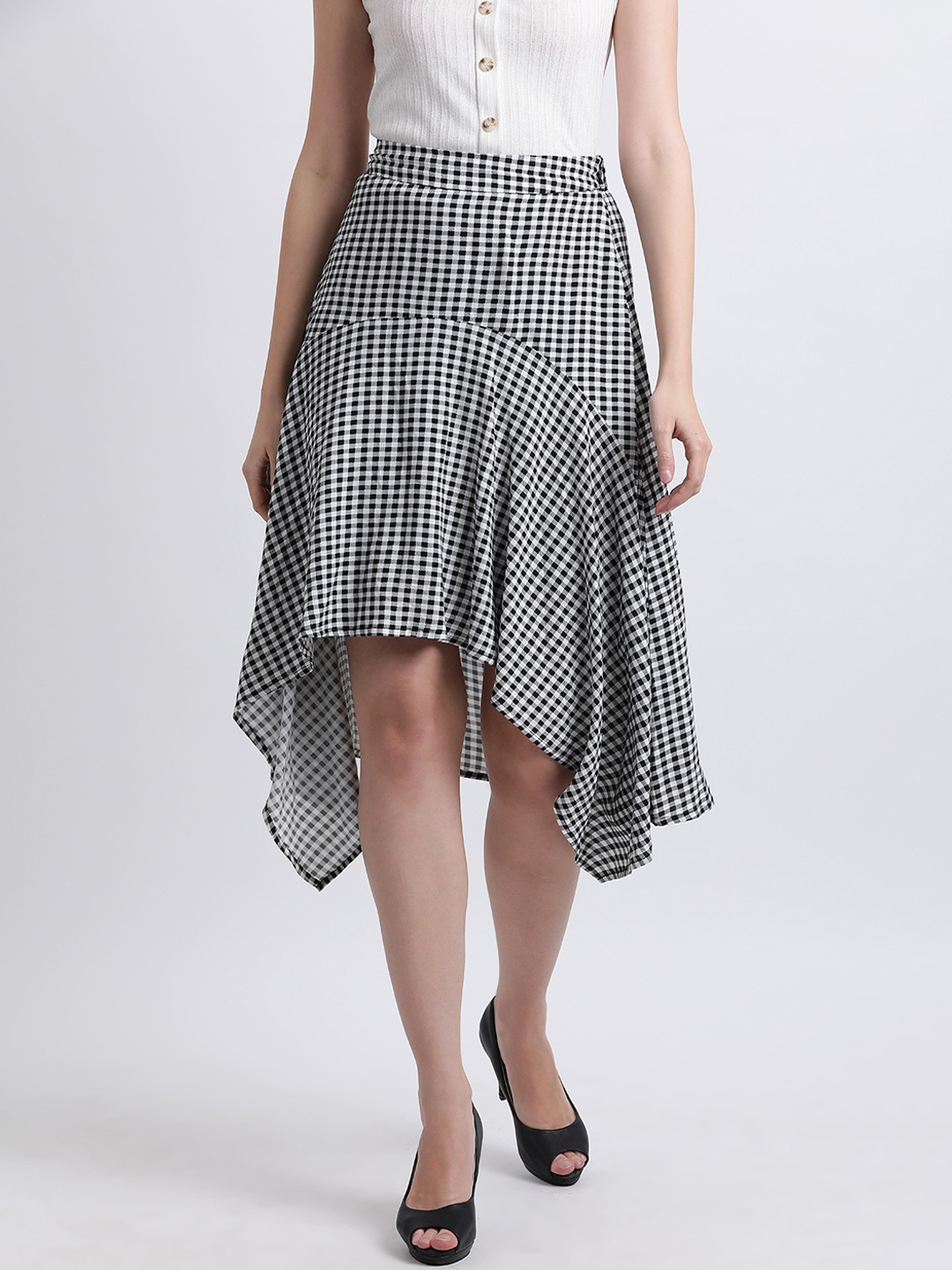 

Zink London Women Black & White Checked High-Rise Knee-Length Flared Skirt