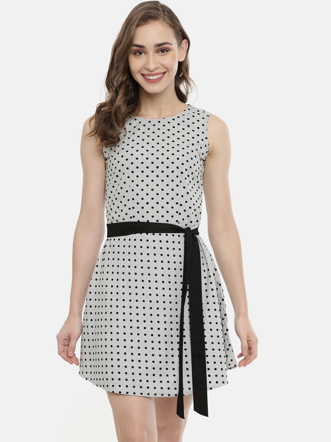 

IDK Women Grey & Black Polka Dot Printed A-Line Dress