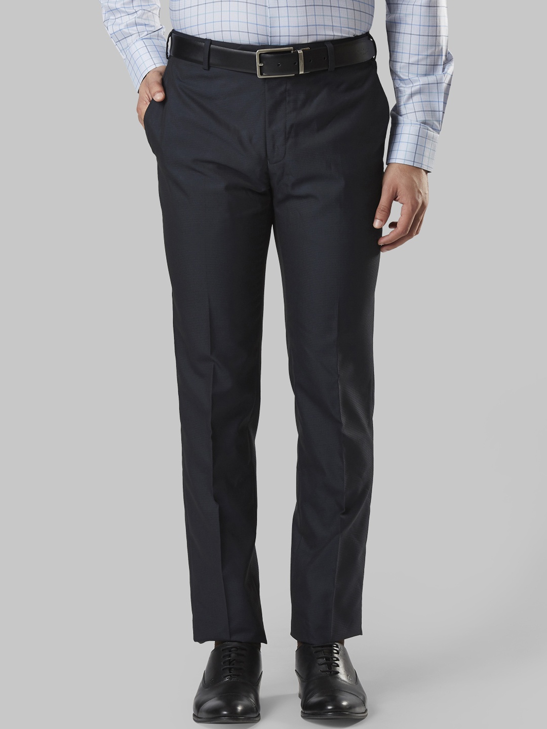 

Raymond Men Black & Blue Slim Fit Checked Formal Trousers