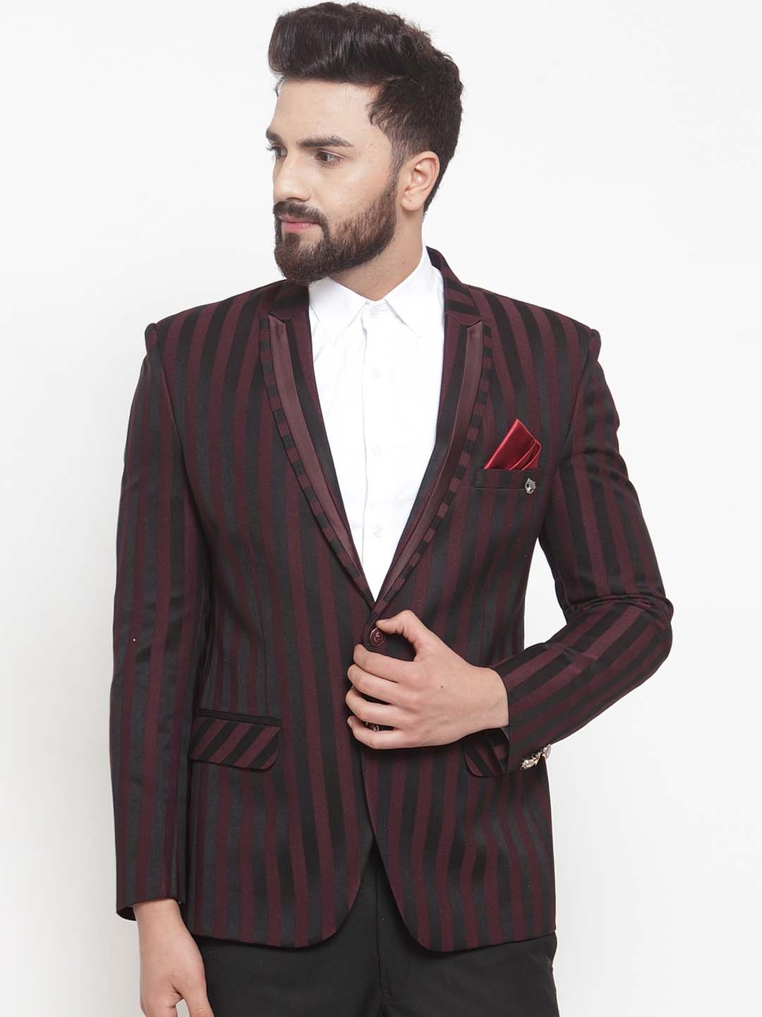 

LUXURAZI Men Maroon & Black Striped Slim-Fit Single-Breasted Party Hopper Blazer