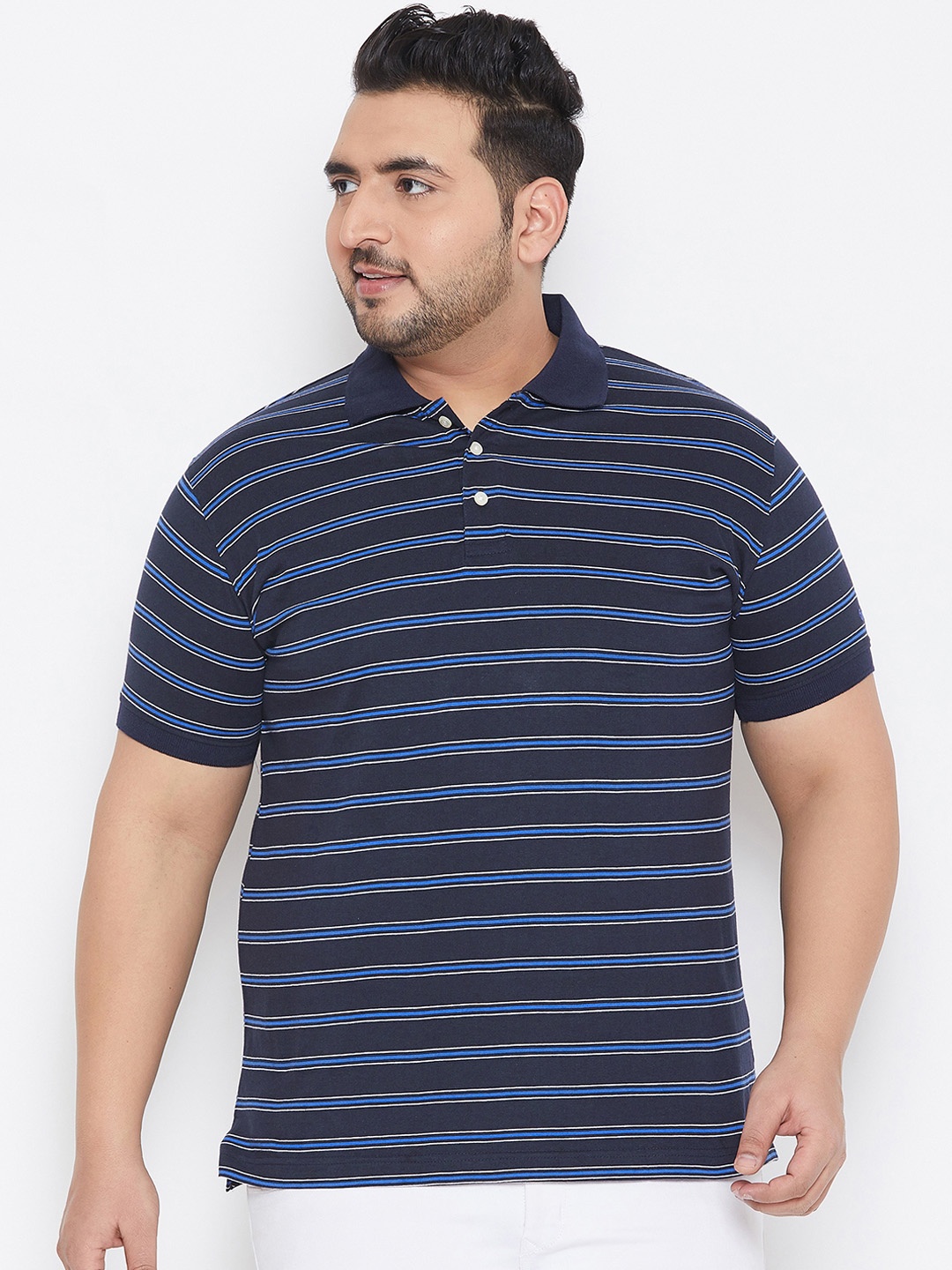 

bigbanana Plus Size Men Navy Blue White Striped Polo Collar Bio-Finish Pure Cotton T-shirt