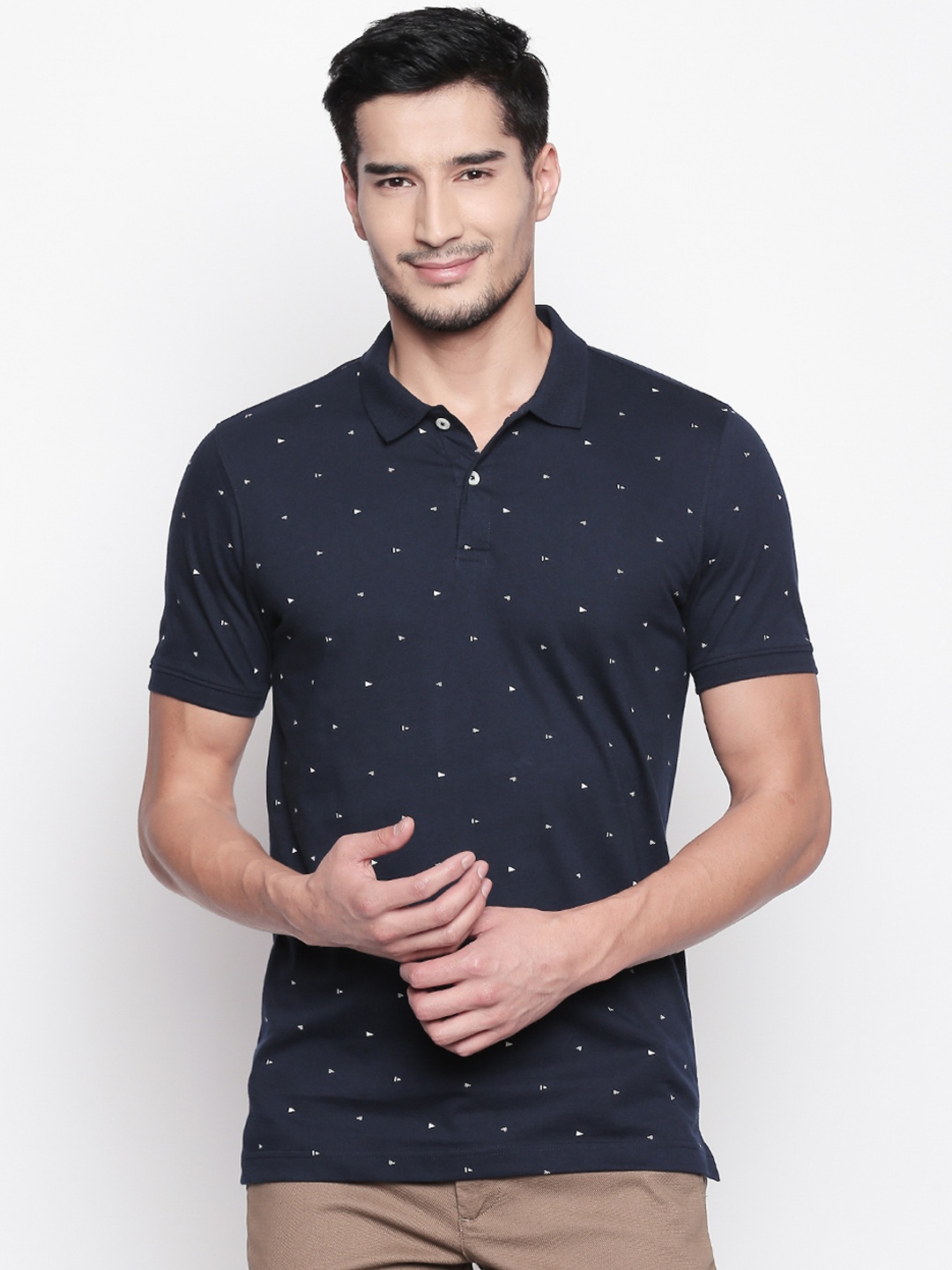 

BYFORD by Pantaloons Men Blue Printed Polo Collar Pure Cotton T-shirt