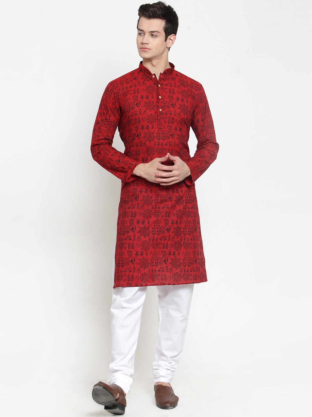 

RG DESIGNERS Men Maroon & White Printed Kurta with Pyjamas