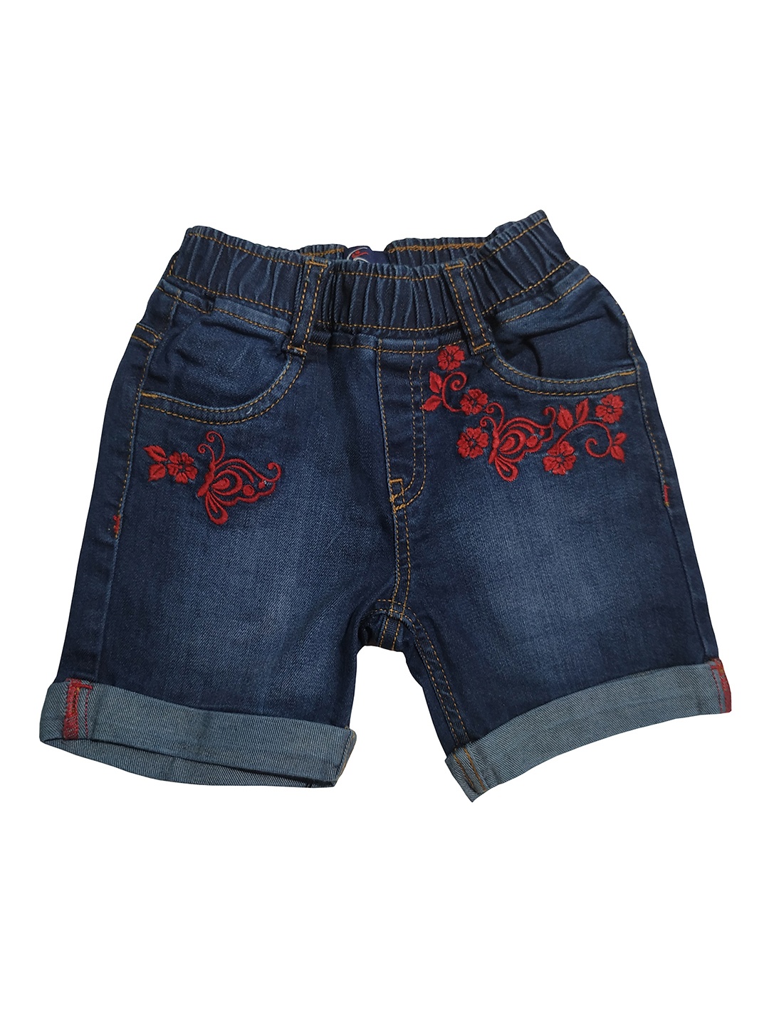 

KiddoPanti Girls Navy Blue Printed Denim Shorts