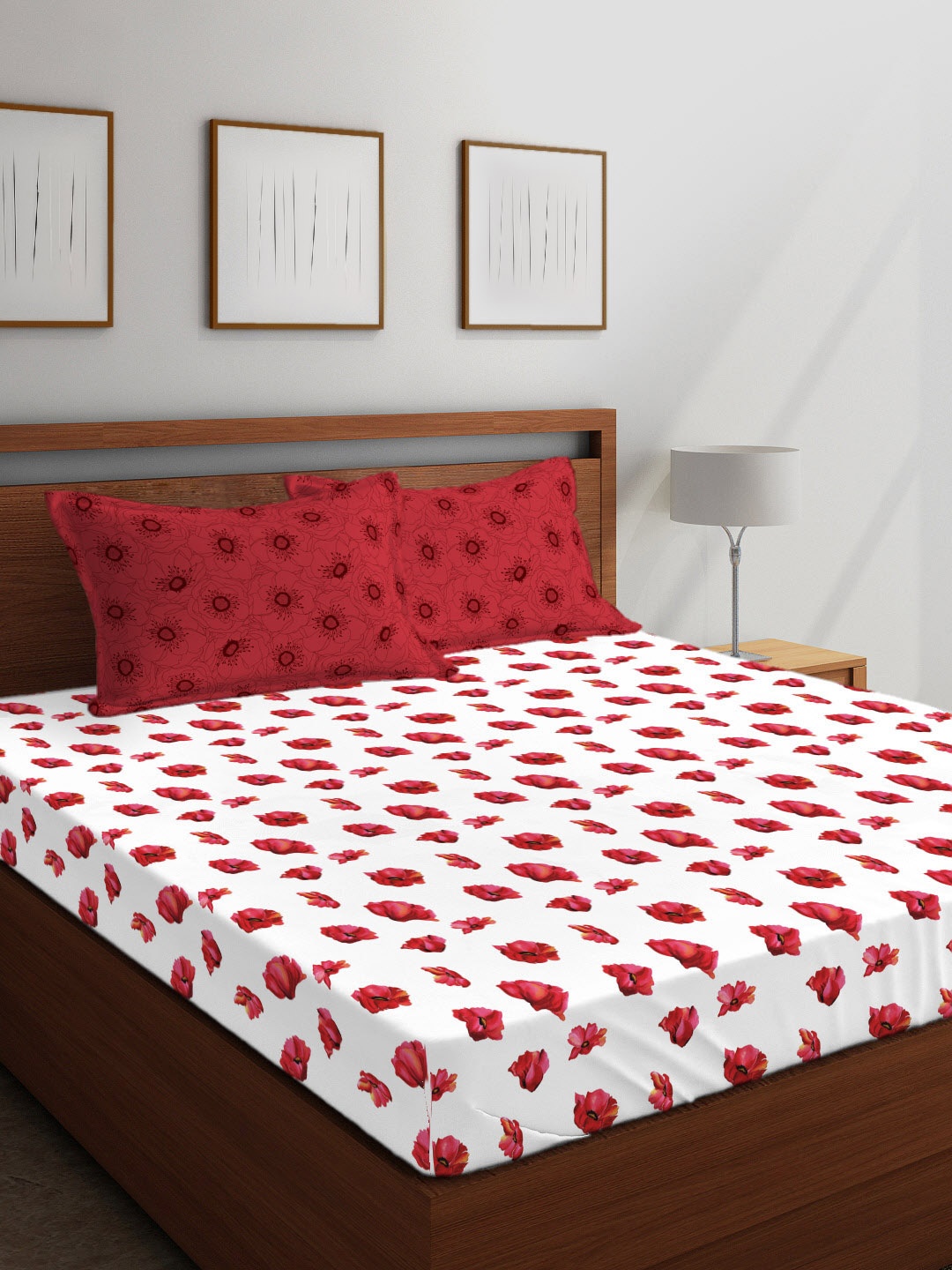 

Boutique Living India White & Red Floral 300 TC Cotton 1 King Bedsheet with 2 Pillow Covers