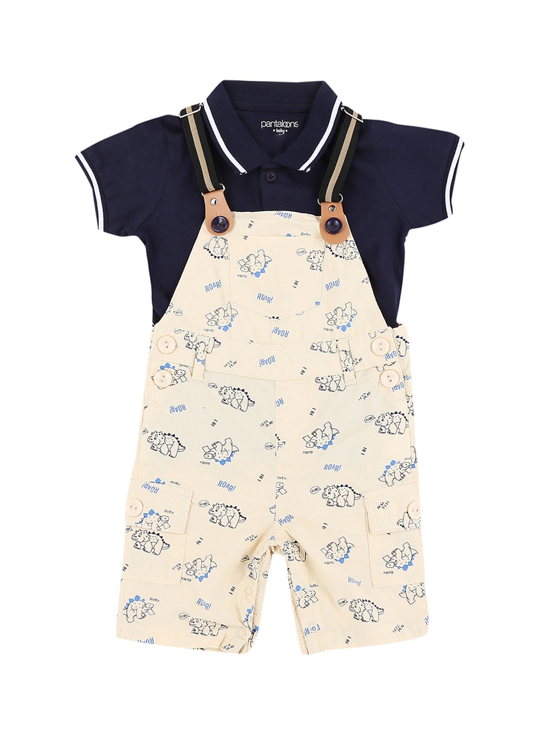 

Pantaloons Baby Boys Beige & Navy Blue Solid T-shirt with Dungaree