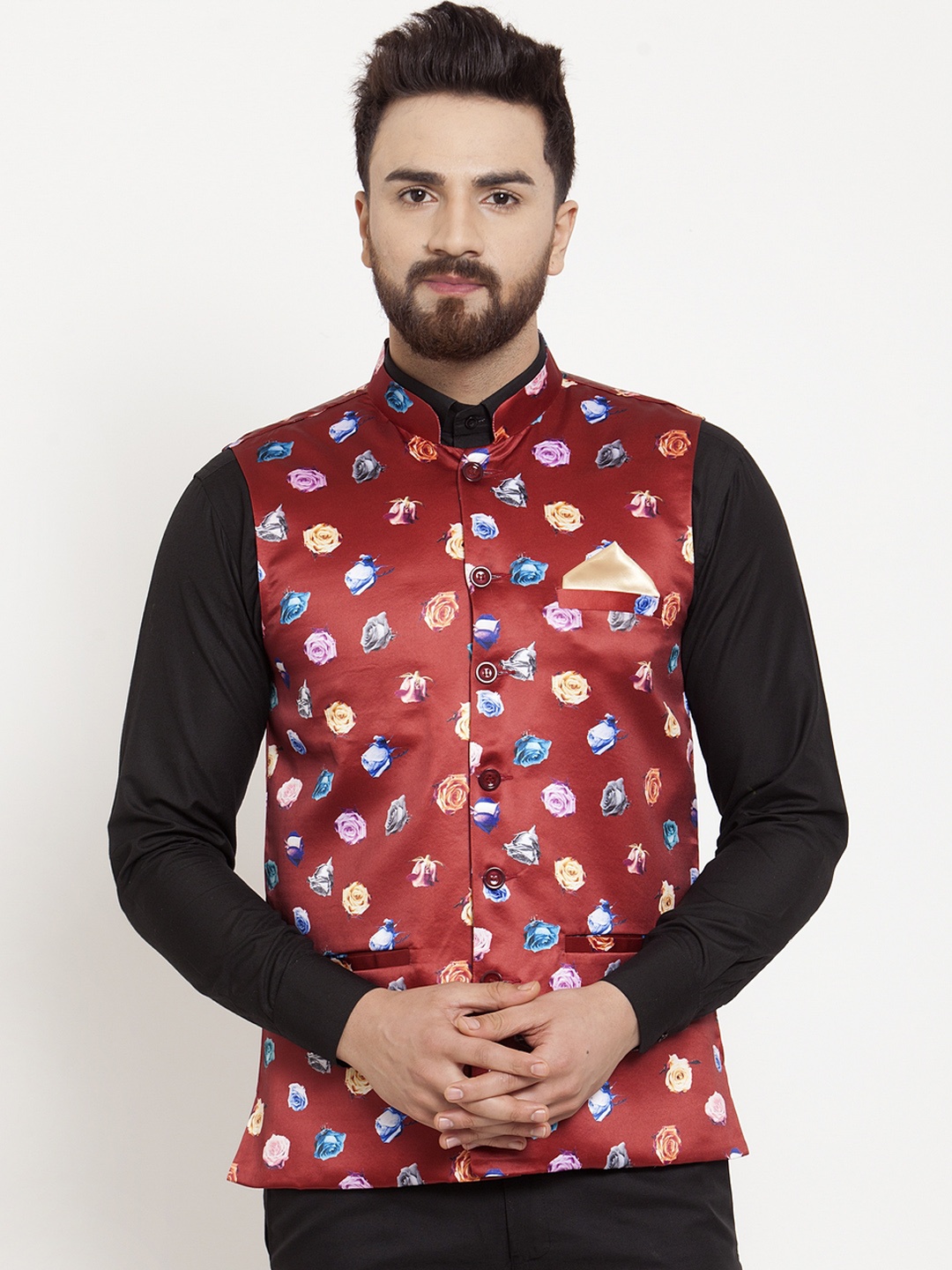 

KLOTTHE Men Red & Blue Floral Printed Nehru Jacket