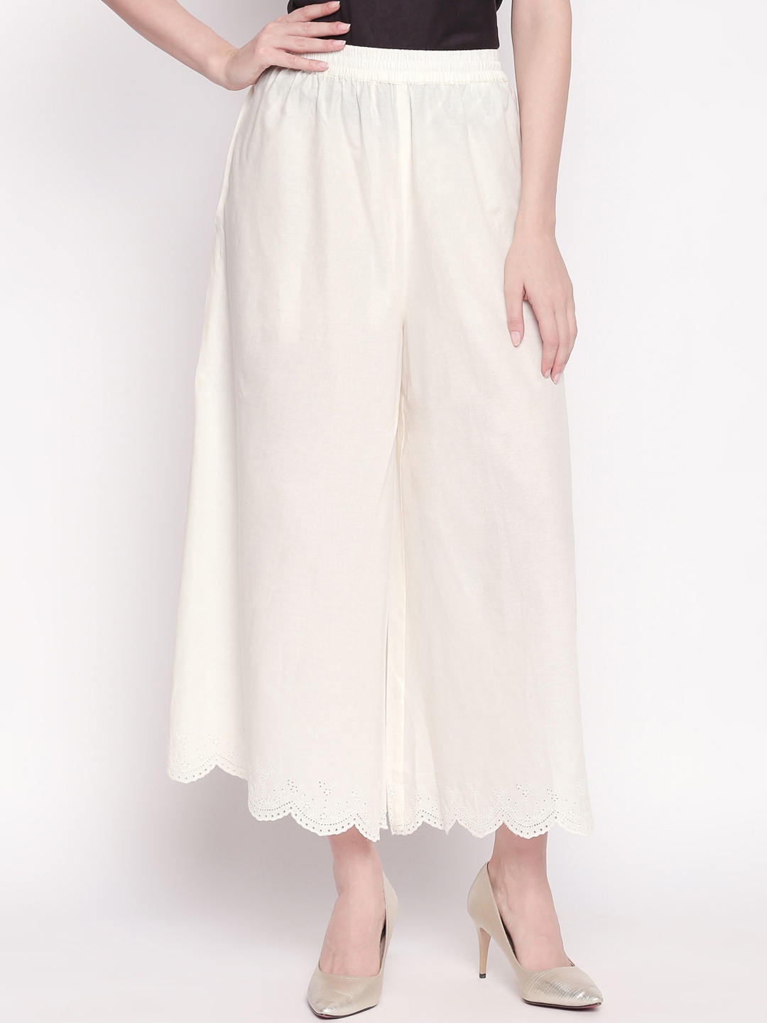 

RANGMANCH BY PANTALOONS Women Off-White Solid Wide Leg Palazzos