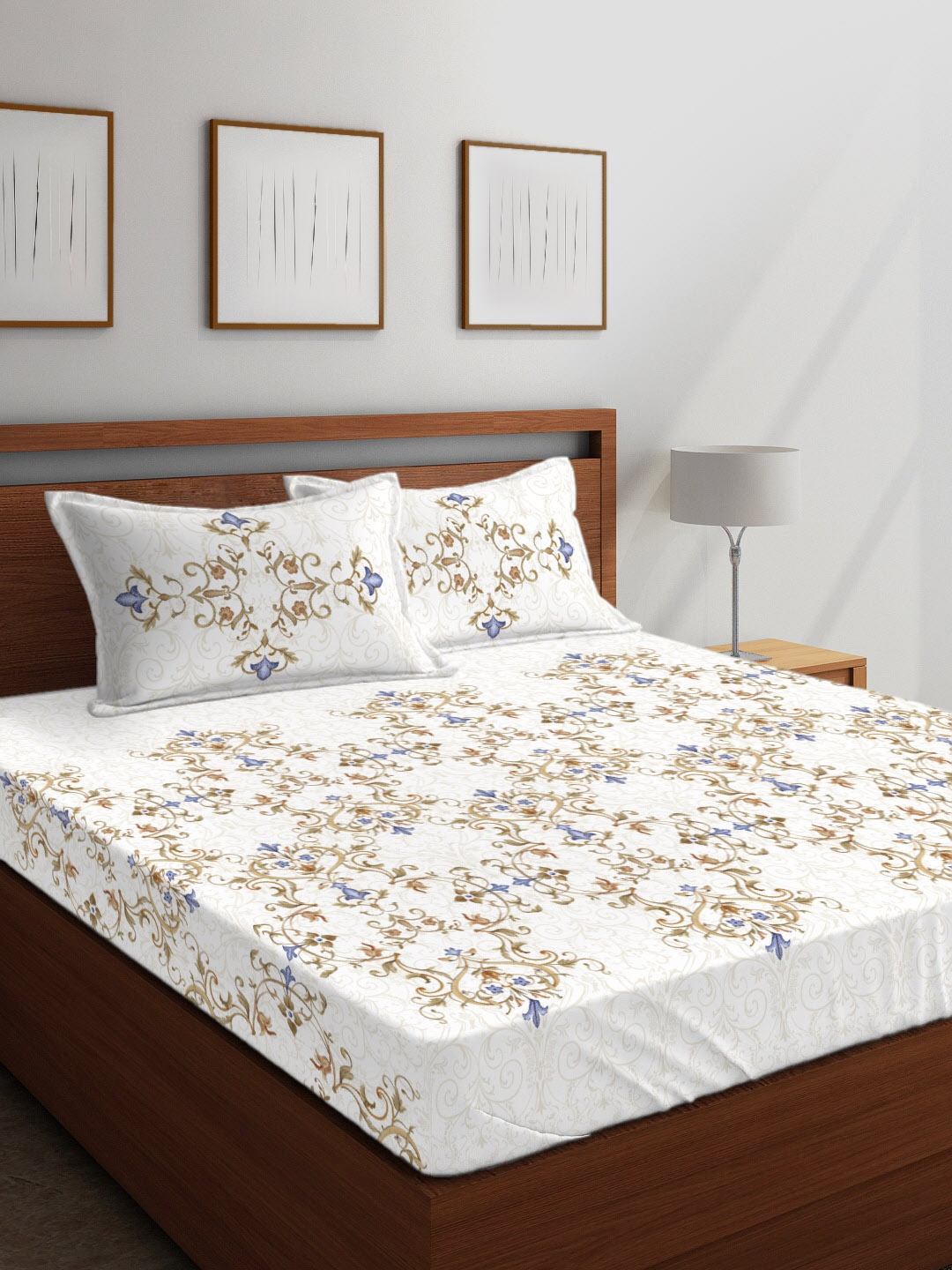 

Boutique Living India Off-White Floral 300 TC Cotton 1 King Bedsheet with 2 Pillow Covers