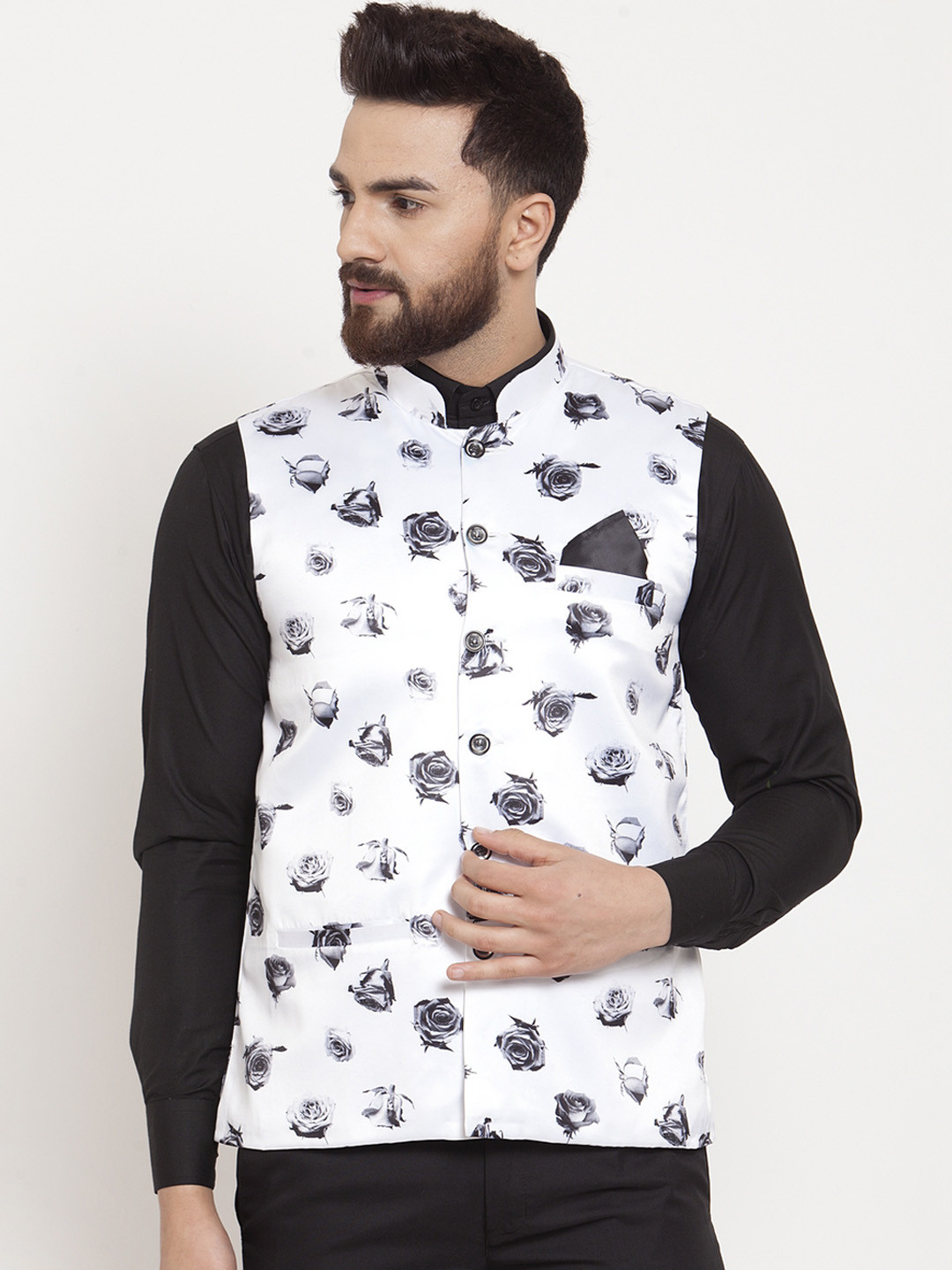 

KLOTTHE Men White & Grey Printed Satin Nehru Jacket