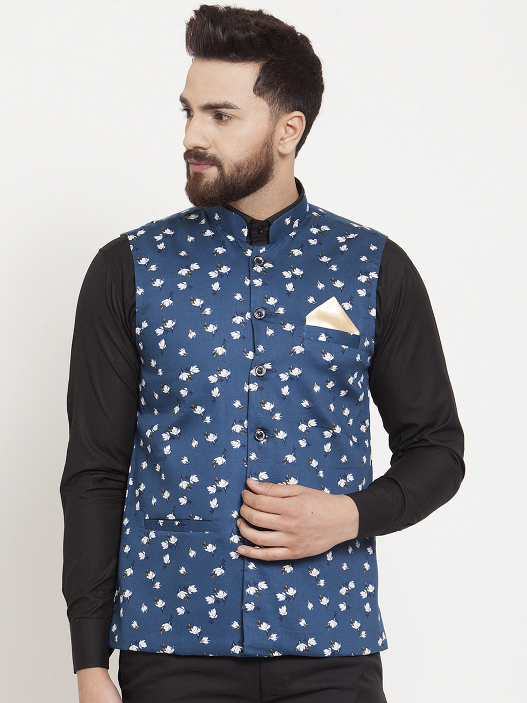 

KLOTTHE Men Blue & White Printed Satin Nehru Jacket