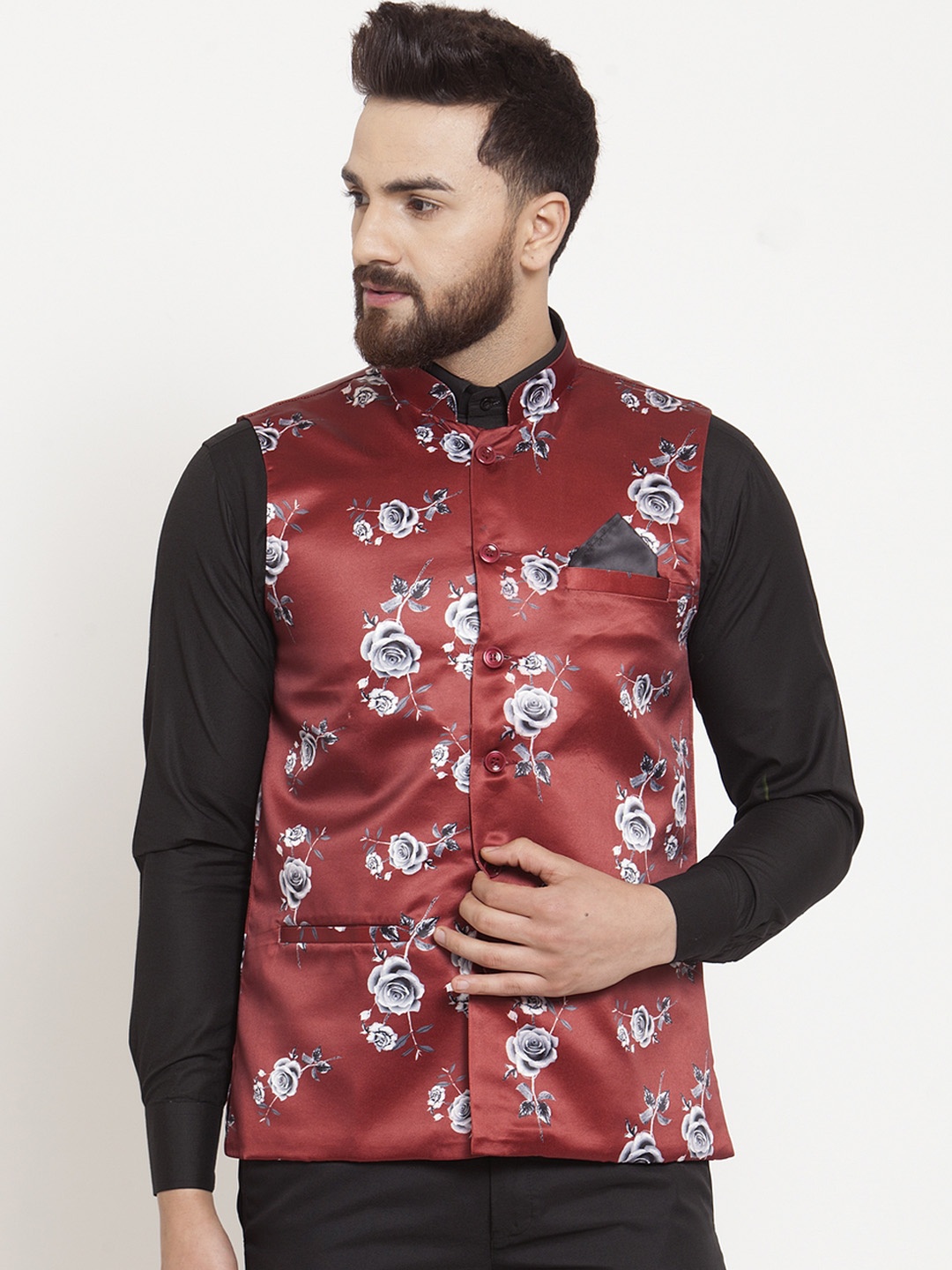 

KLOTTHE Men Red & Grey Floral Printed Nehru Jacket