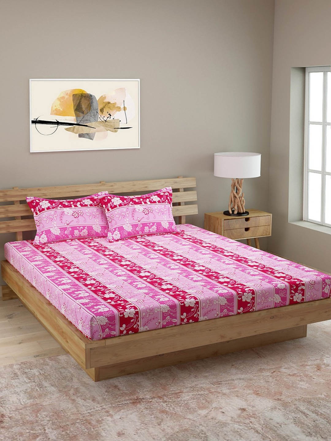 

ROMEE Pink & Red Floral 144 TC Cotton 1 Queen Bedsheet with 2 Pillow Covers