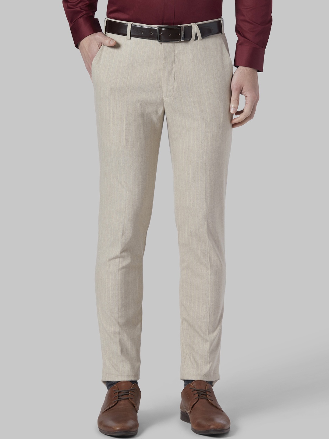 

Park Avenue Men Beige Regular Fit Striped Formal Trousers