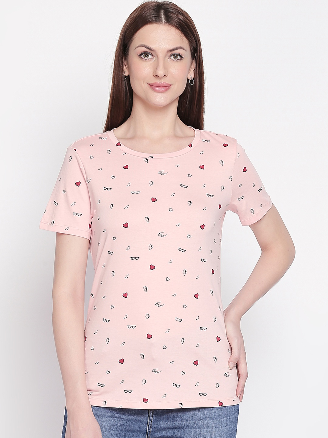 

Honey by Pantaloons Women Pink Printed Round Neck Pure Cotton T-shirt