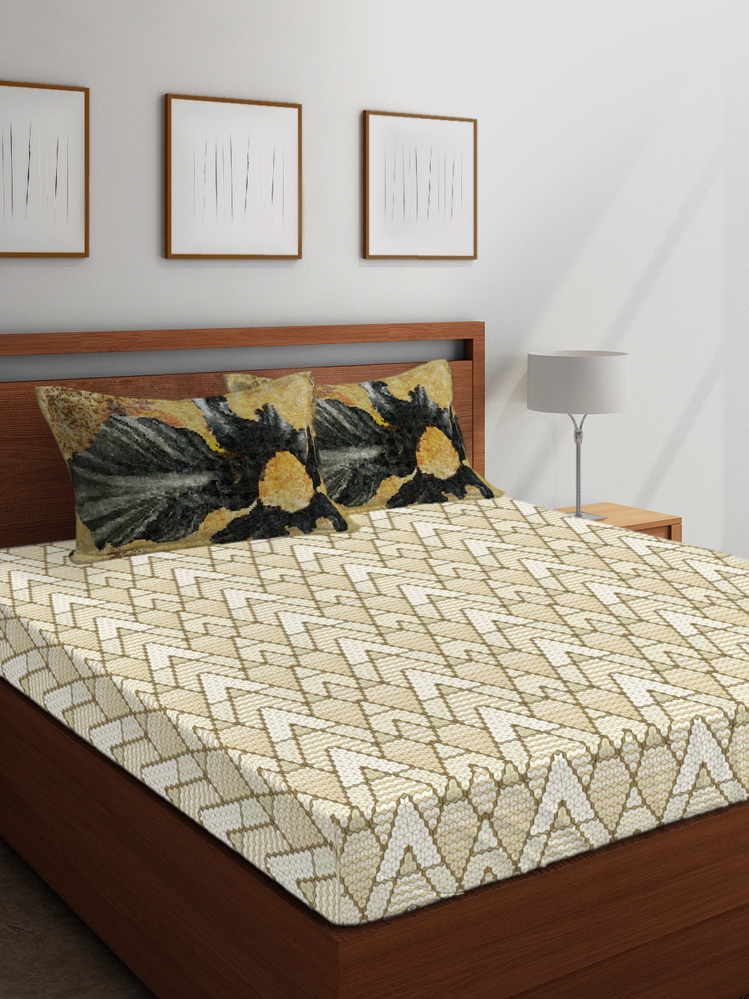 

Boutique Living India Beige Geometric 400 TC Cotton 1 King Bedsheet with 2 Pillow Covers