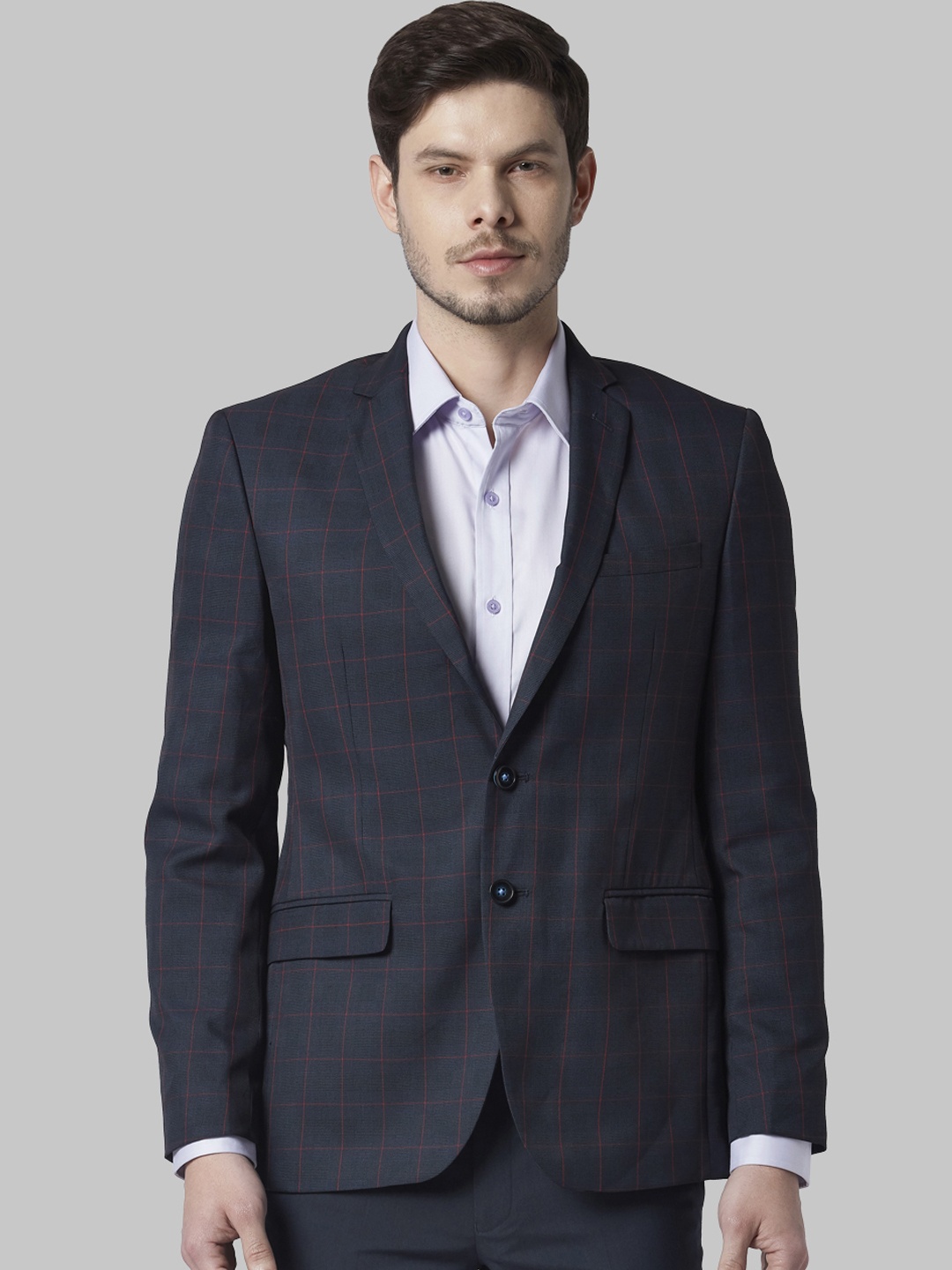 

Park Avenue Men Navy Blue & Red Checked Single-Breasted Super-Slim-Fit Blazer
