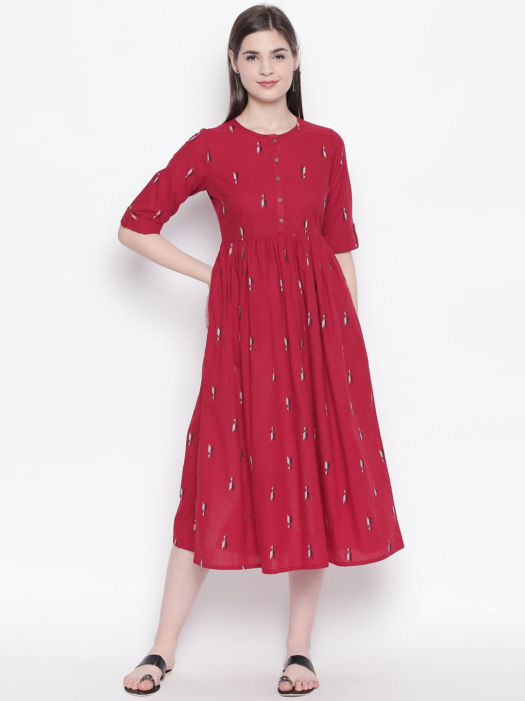 

AKKRITI BY PANTALOONS Women Maroon Printed Fit and Flare Dress