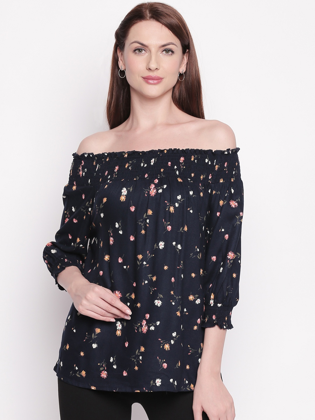 

Honey by Pantaloons Women Navy Blue Printed Bardot Top