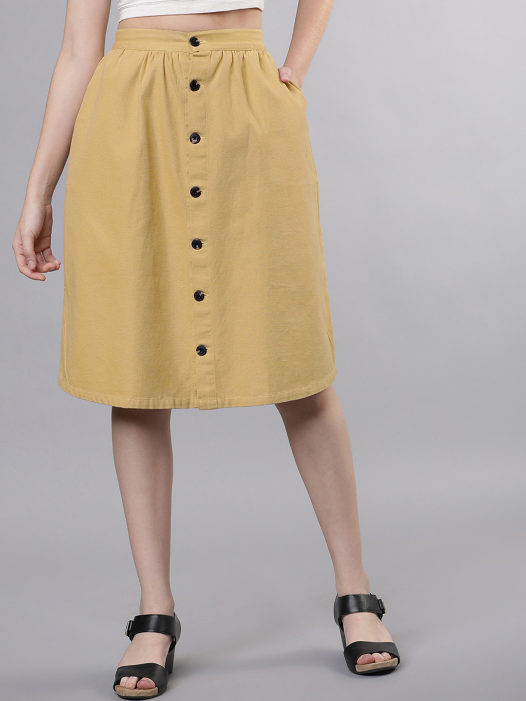 

Tokyo Talkies Women Mustard Yellow Solid A-Line Knee-Length Skirt