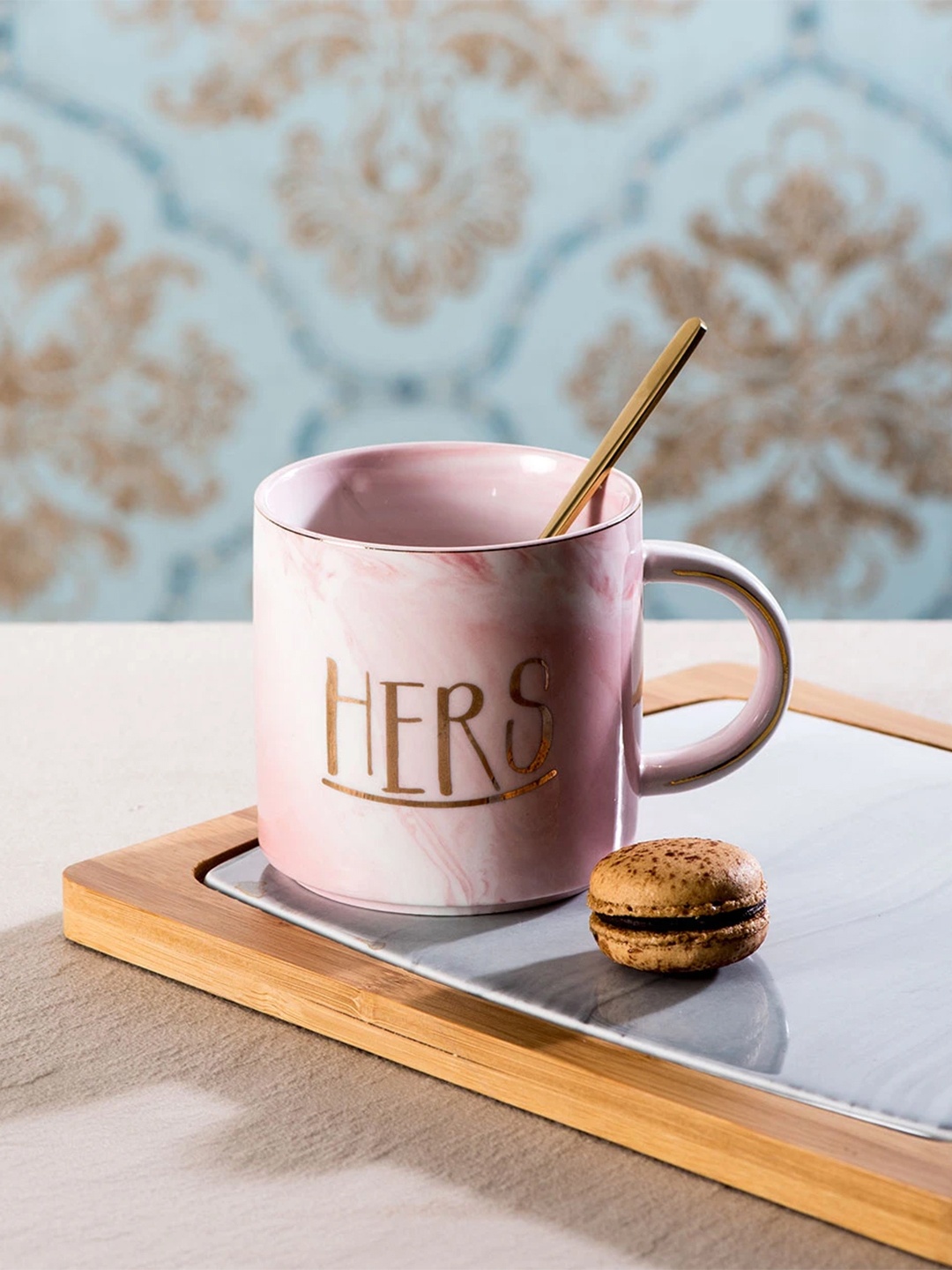 

THEDECORKART Pink Printed Ceramic Coffee Mug With Lid & Spoon