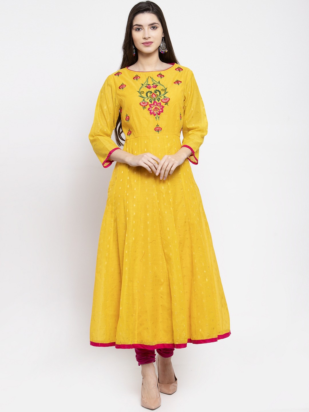 

Bhama Couture Women Yellow Yoke Design A-Line Kurta