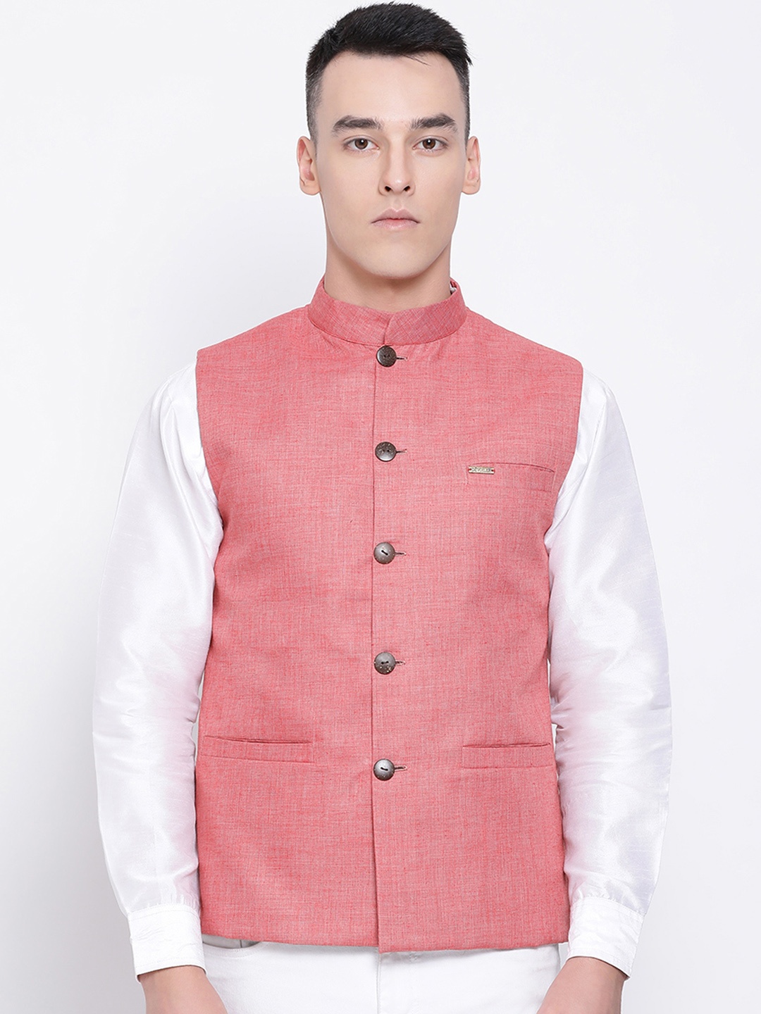 

DEVOILER Men Pink Solid Woven Pure Cotton Nehru Jacket