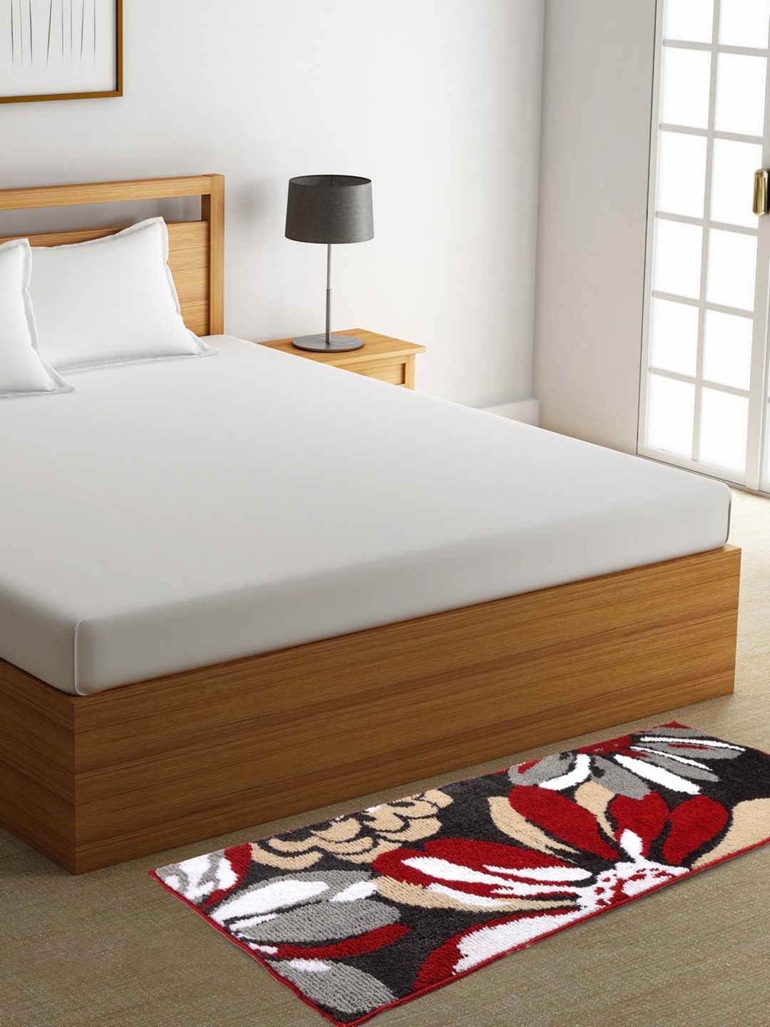 

ROMEE Charcoal Grey & Red Floral Patterned Microfiber Bedside Runner