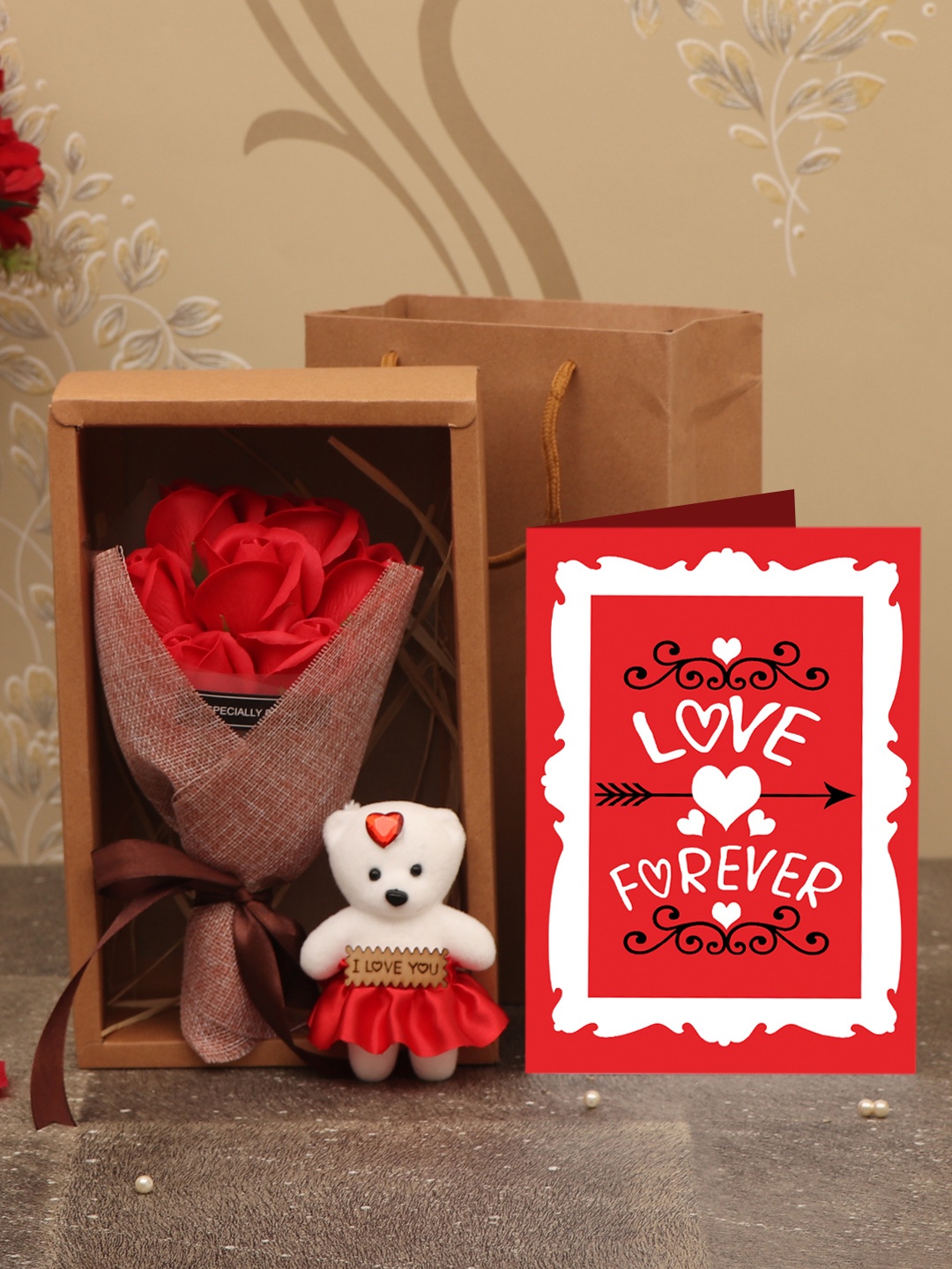TIED RIBBONS Artificial Scented Flower Bouquet With Mini Teddy & Card, Multi