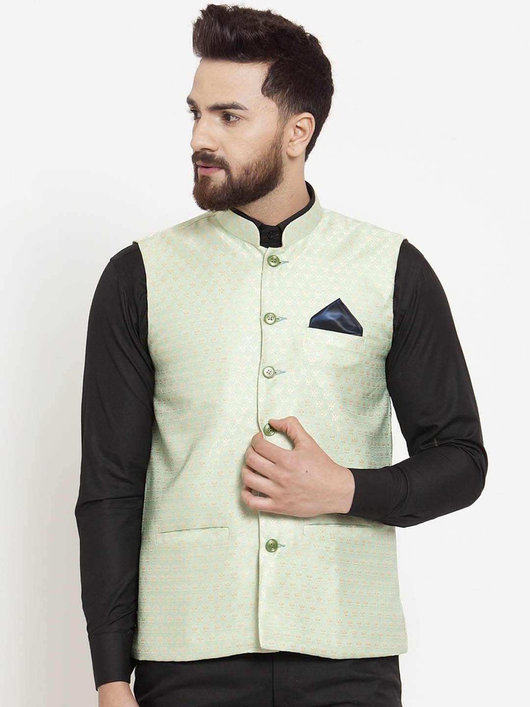 

KLOTTHE Men Green Woven Design Nehru Jacket